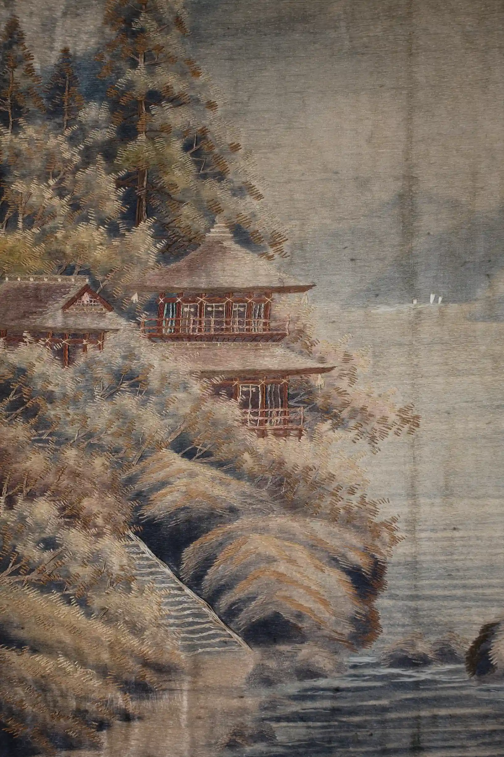 Japonský vyšívaný panel „Jezero pod horou Fudži“