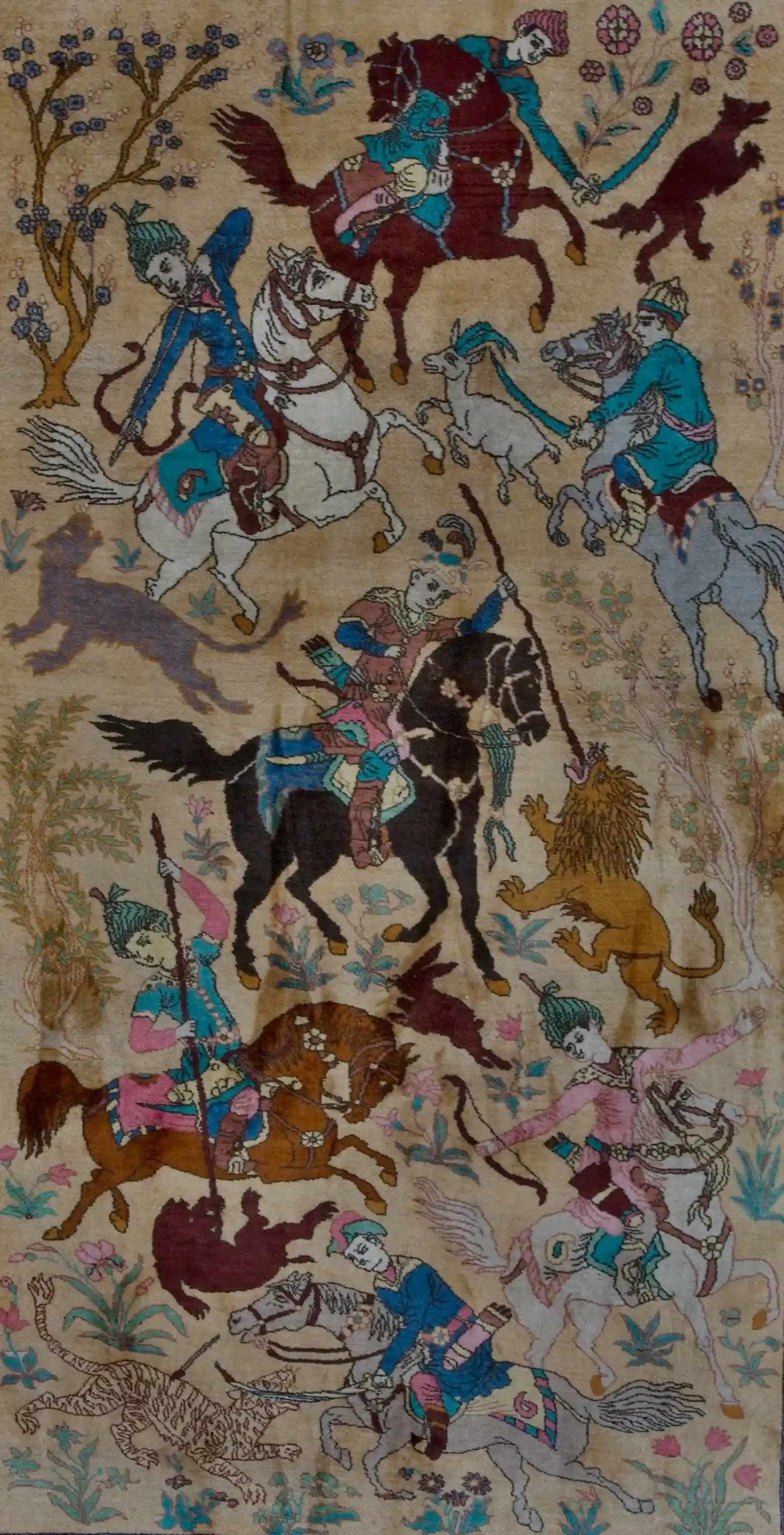 Perský lovecký koberec Tabriz – ručně vázaný, 281 × 185 cm