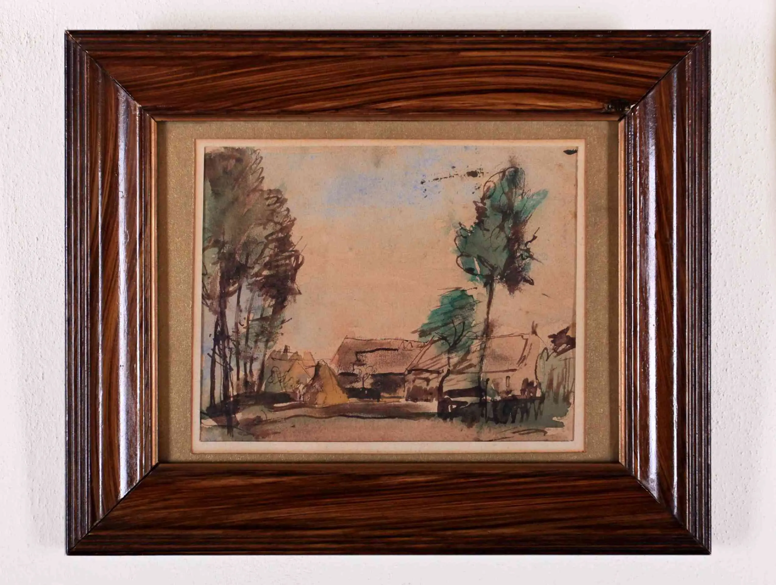 Vesnice. Akvarel. Fládrovaný rám