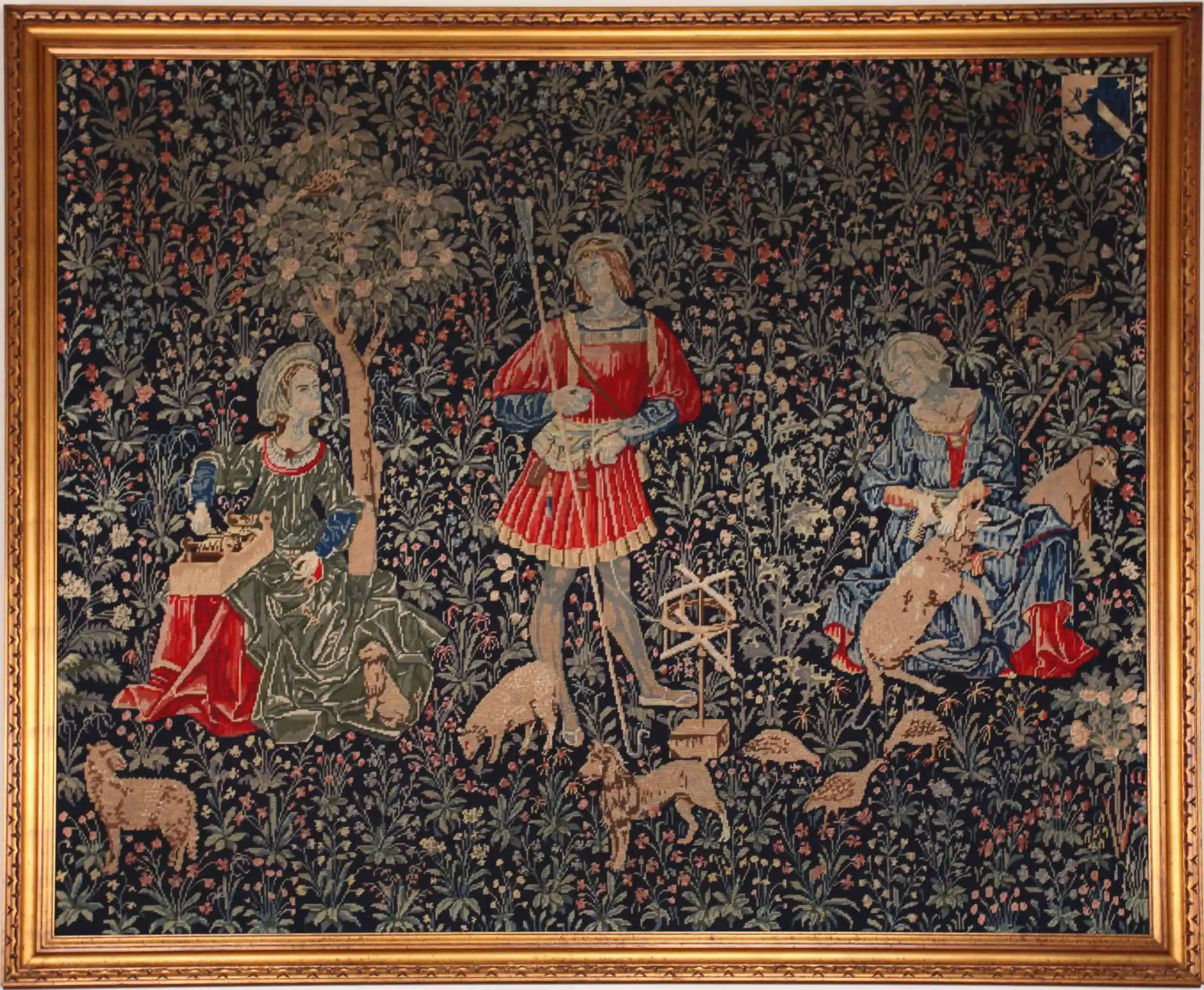 Tapiserie /gobelín v rámu se středověkým motivem 175 X 145 cm