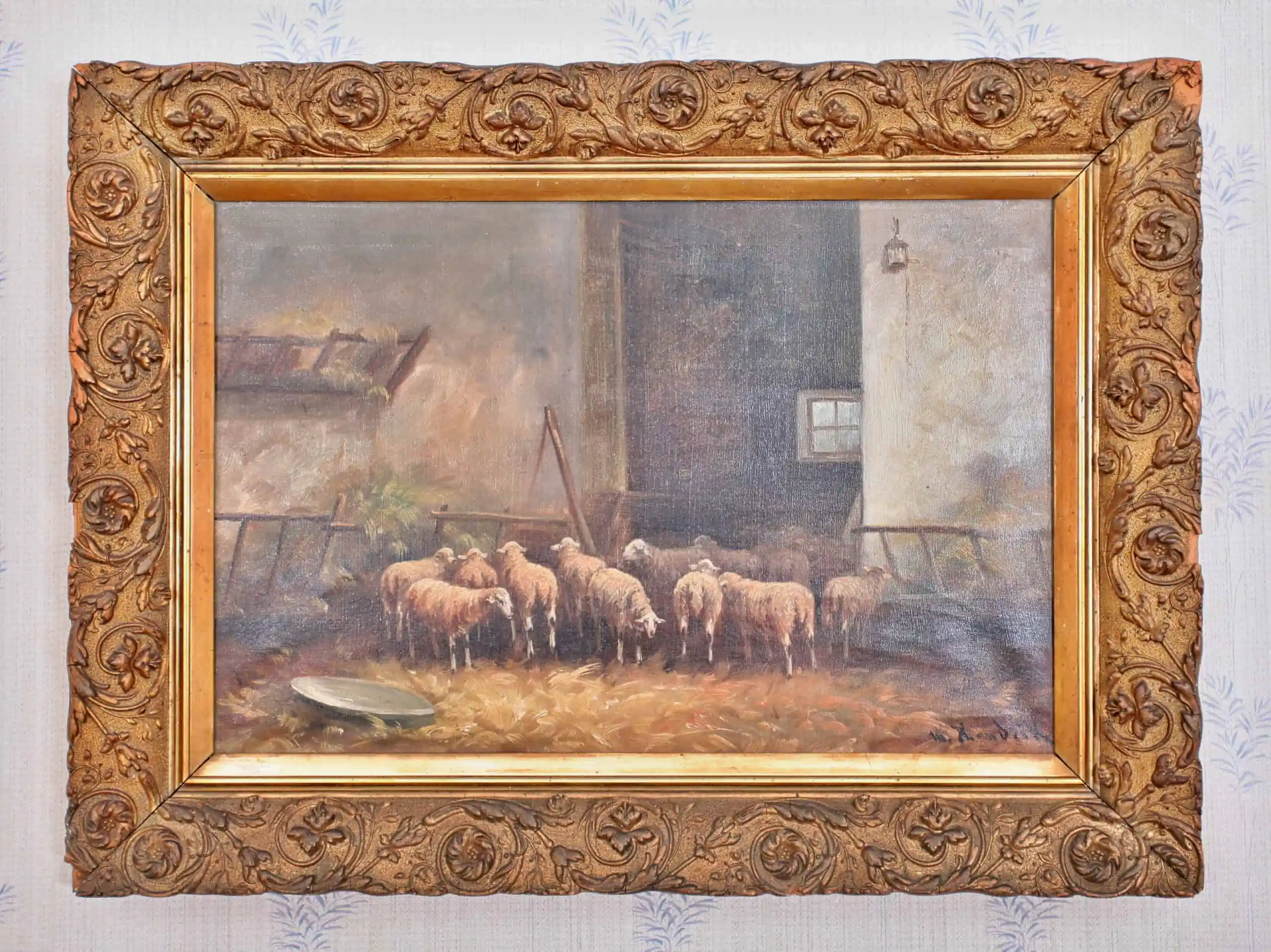 Ovce ve stáji. 19. stol. Olej. 77 X 56 cm