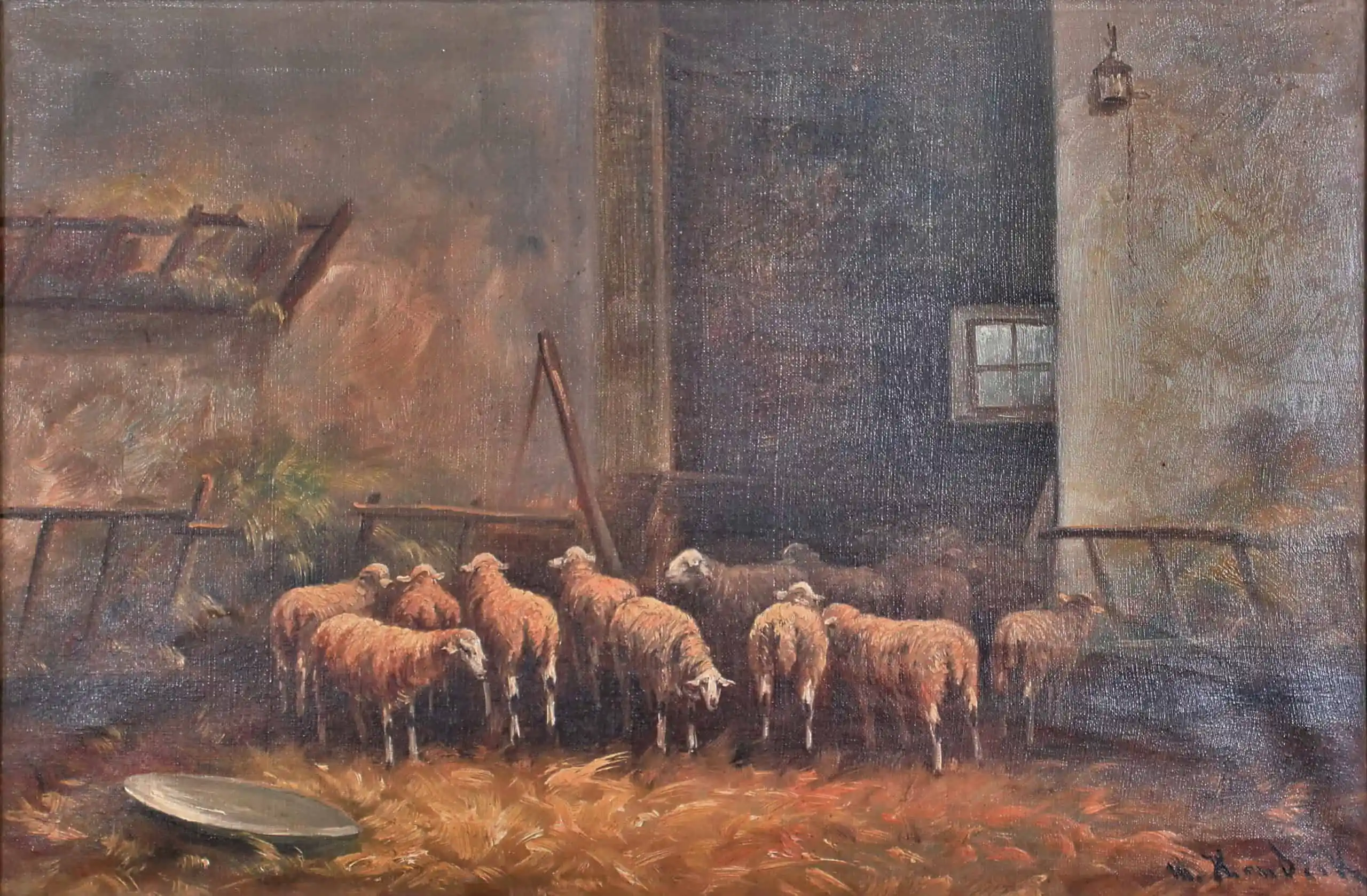 Ovce ve stáji. 19. stol. Olej. 77 X 56 cm