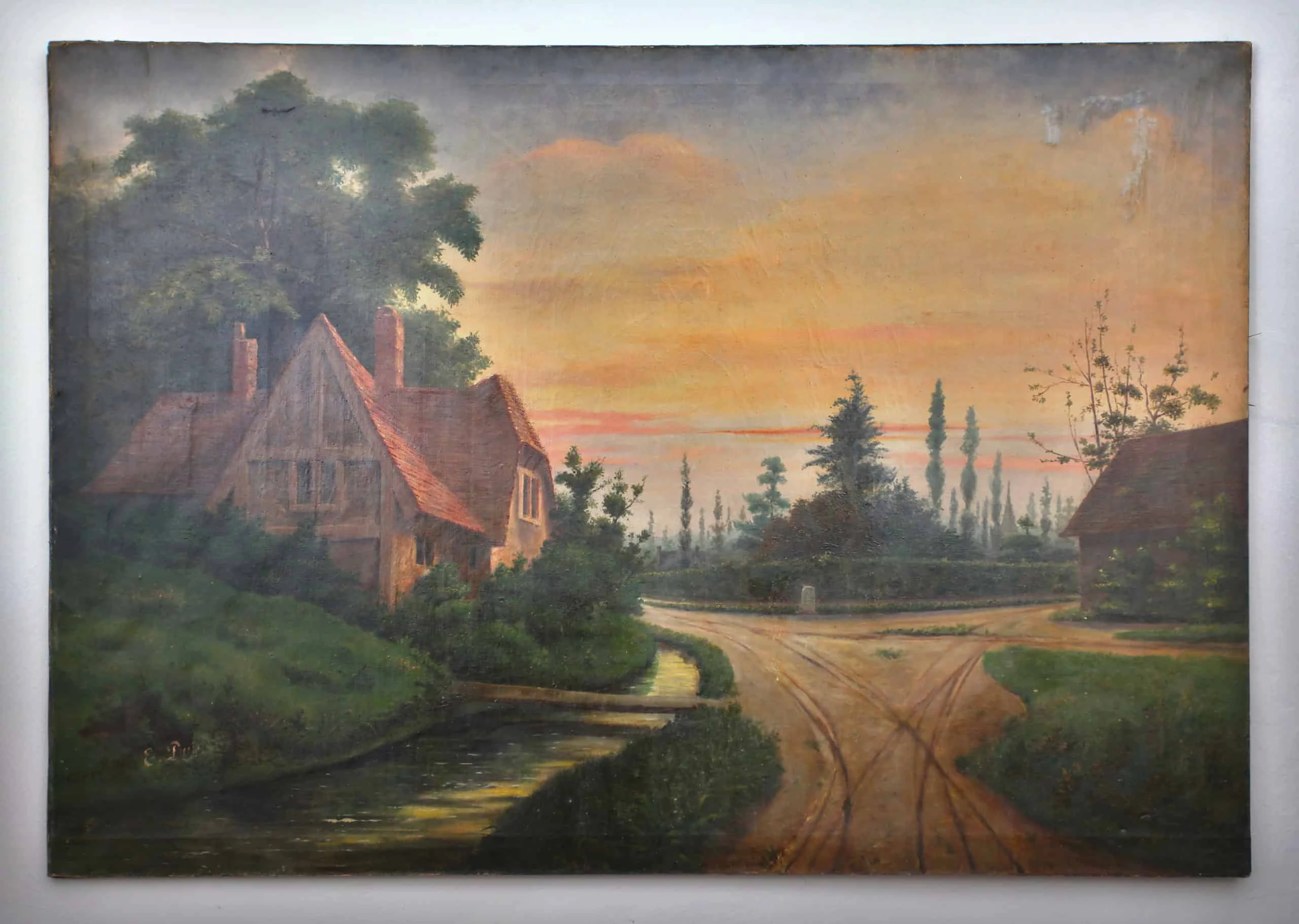 Velký obraz z 19. století. Olej. Chalupa