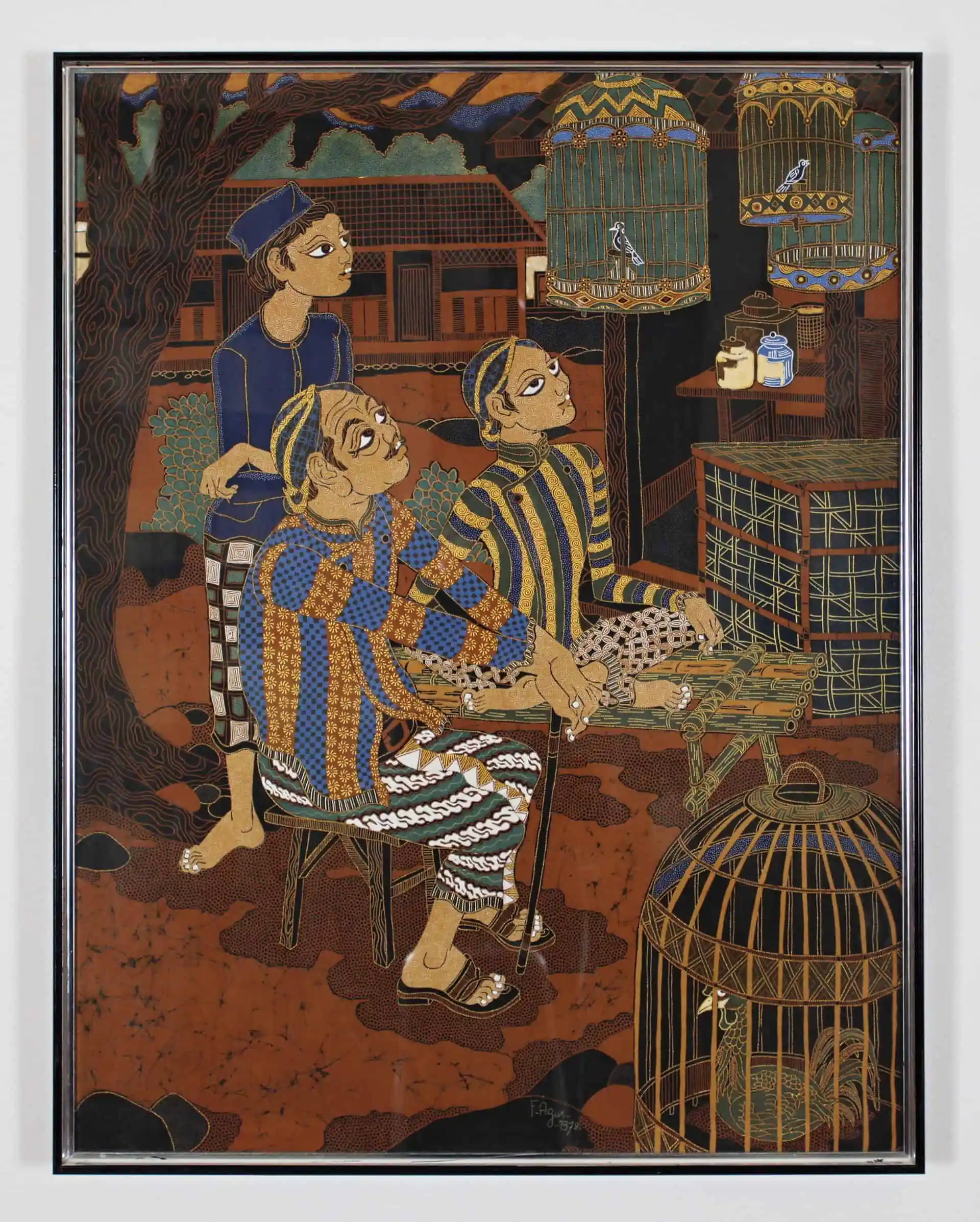 Malba na hedvábí. Pozorovatelé ptáků. 108 X 82