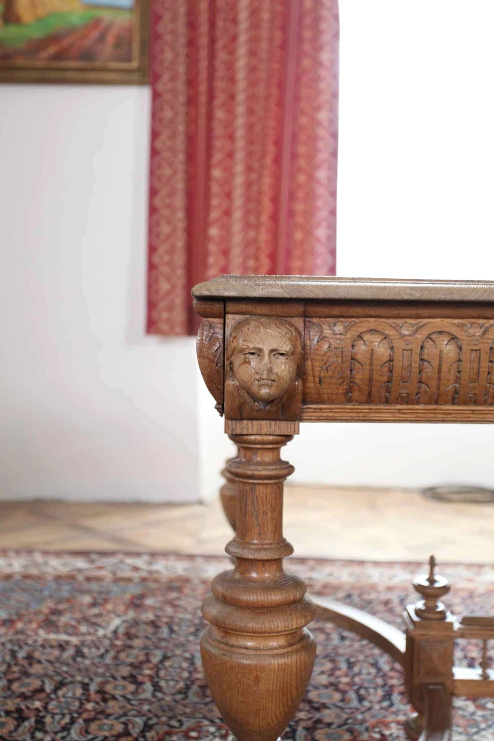 Starožitný rozkládací stůl dub, řezbovaný, d 127 – 425 cm