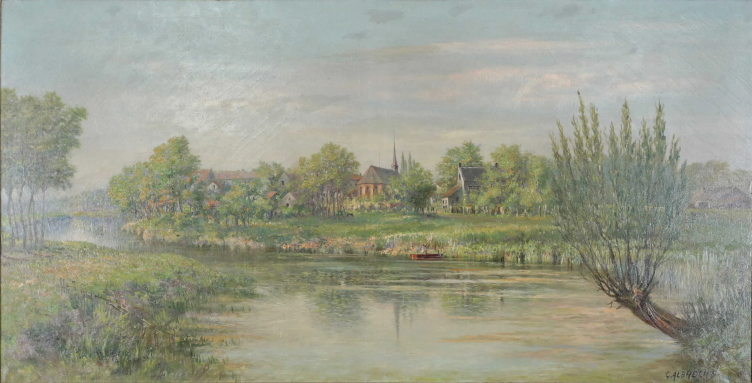 G. Albrecht velký obraz – výhled na vesnici s kostelem 232 X 132 cm