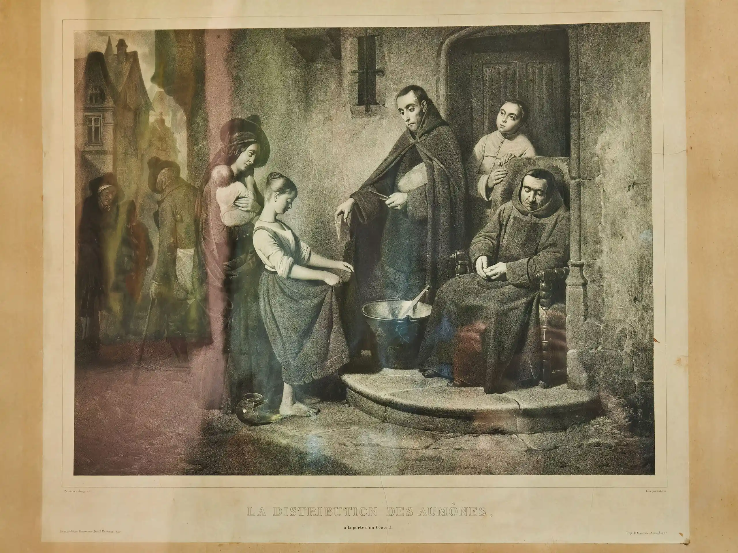 Rozdělování almužen – litografie v krásném rámu 92 X 103 cm