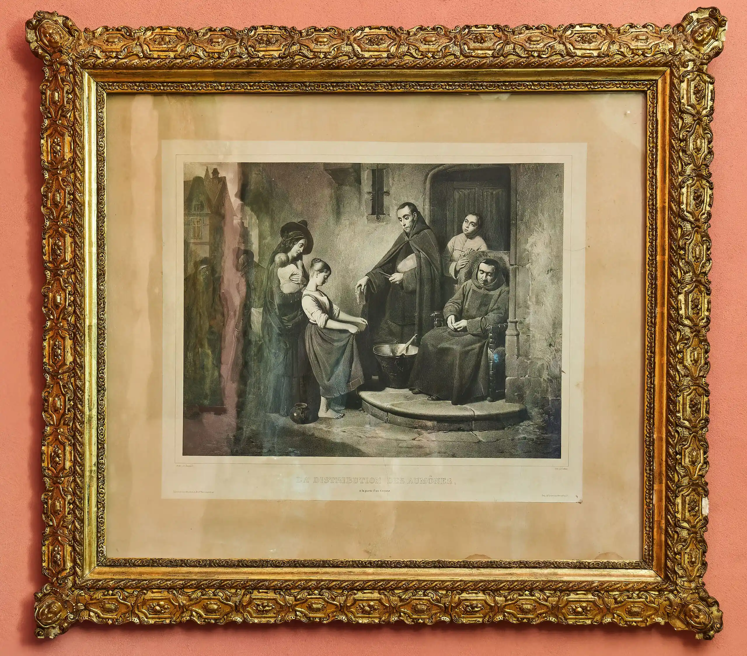 Rozdělování almužen – litografie v krásném rámu 92 X 103 cm