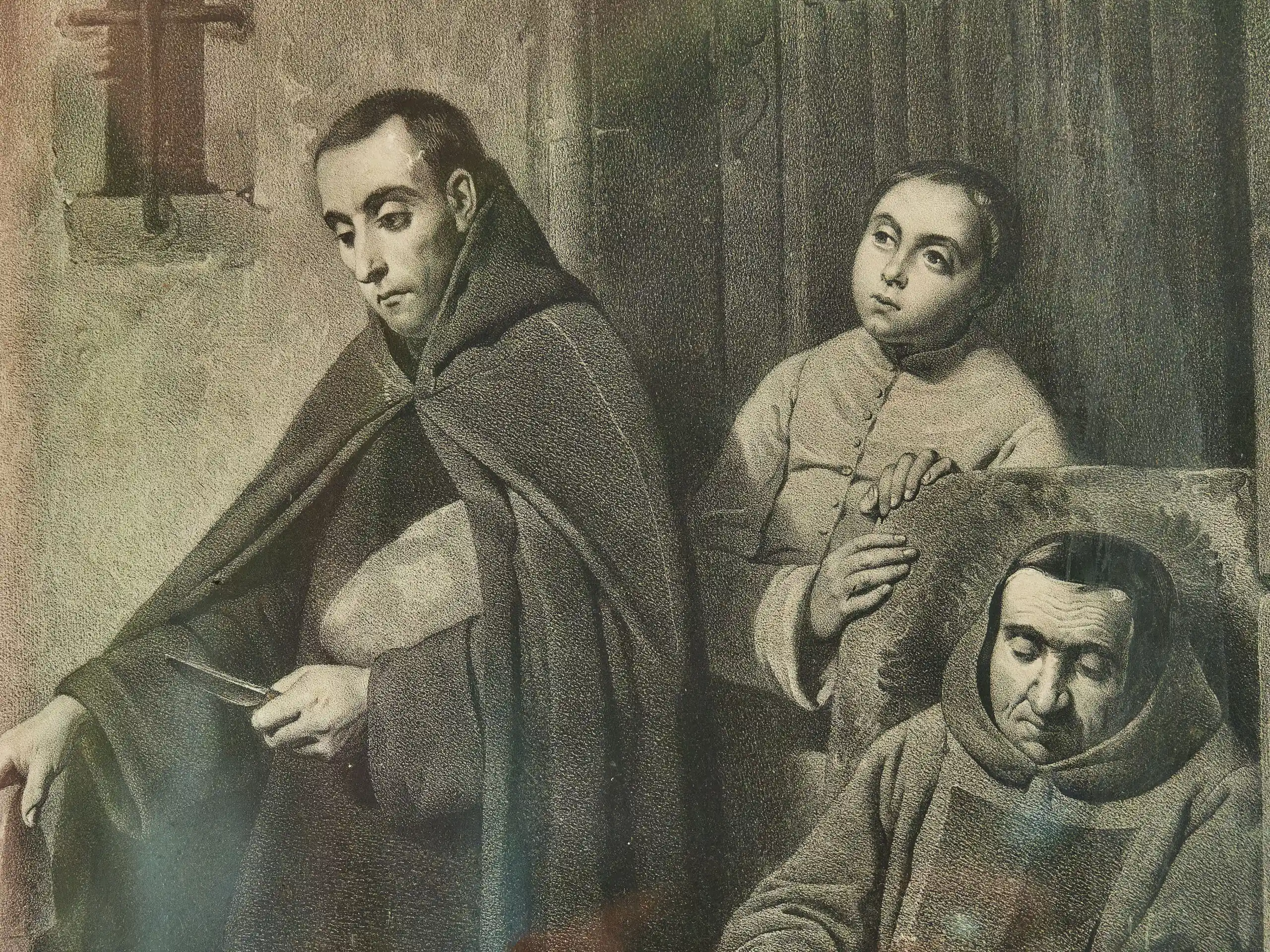 Rozdělování almužen – litografie v krásném rámu 92 X 103 cm