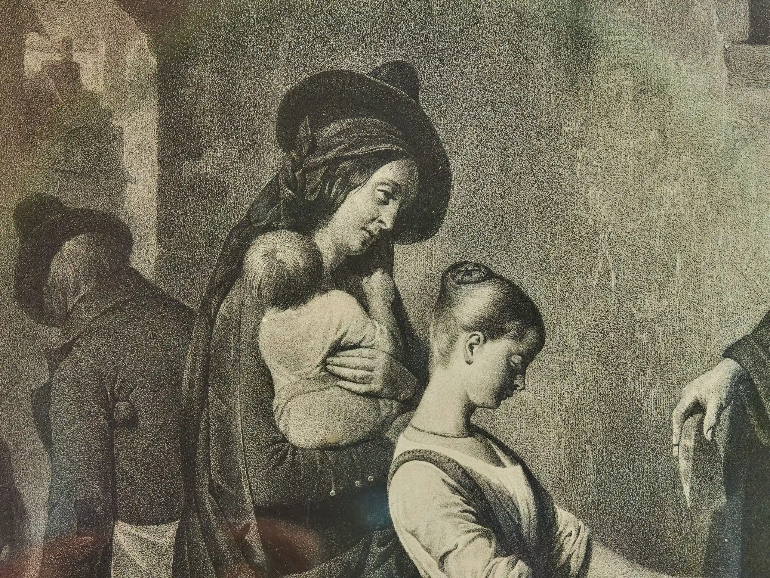 Rozdělování almužen – litografie v krásném rámu 92 X 103 cm