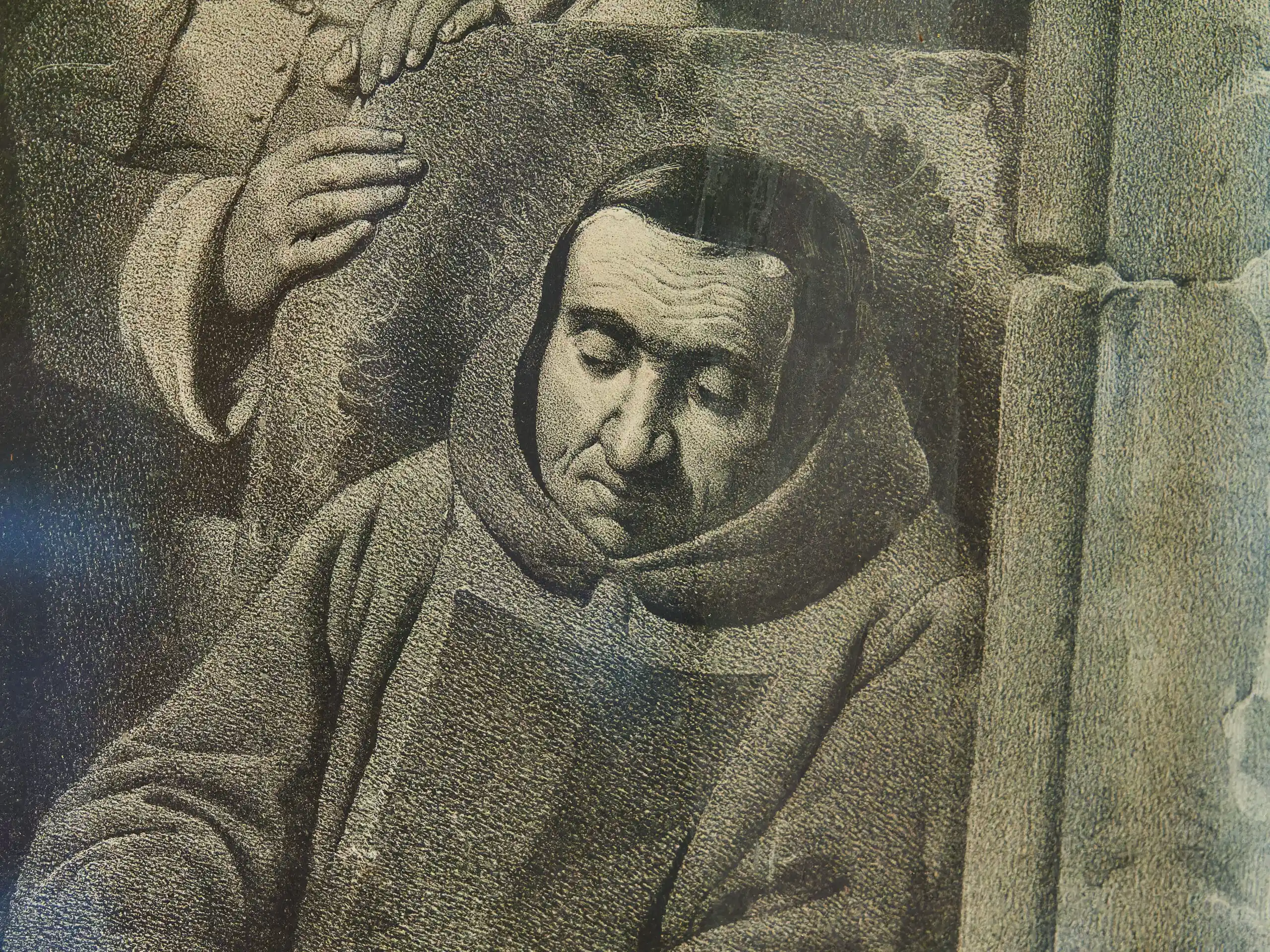 Rozdělování almužen – litografie v krásném rámu 92 X 103 cm