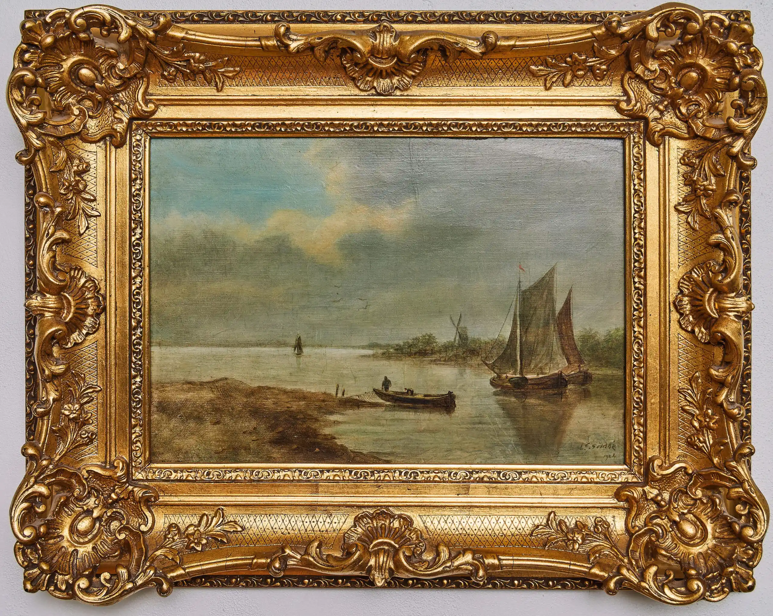 Klidná vodní krajina s plachetnicemi Signováno