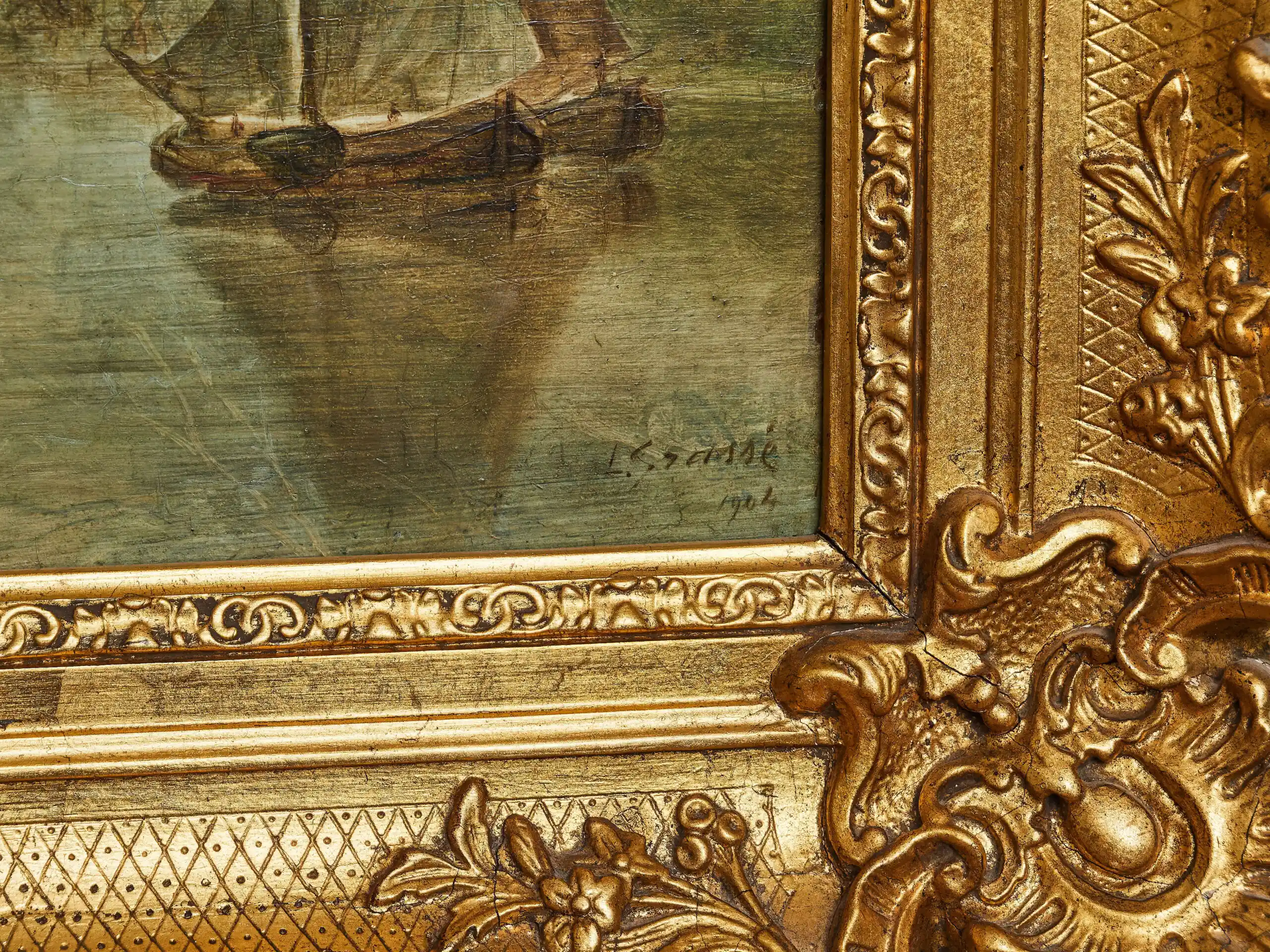 Klidná vodní krajina s plachetnicemi Signováno