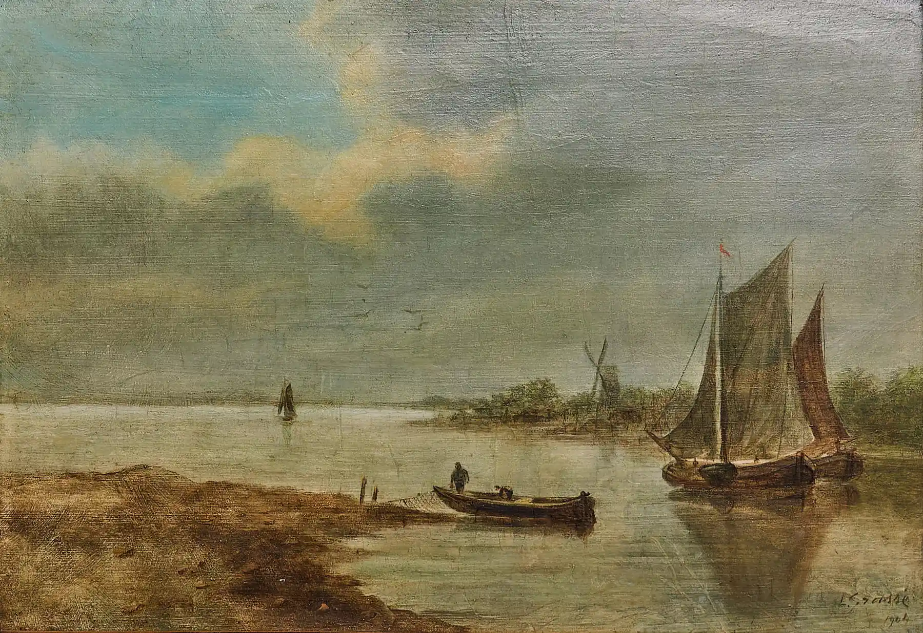 Klidná vodní krajina s plachetnicemi Signováno