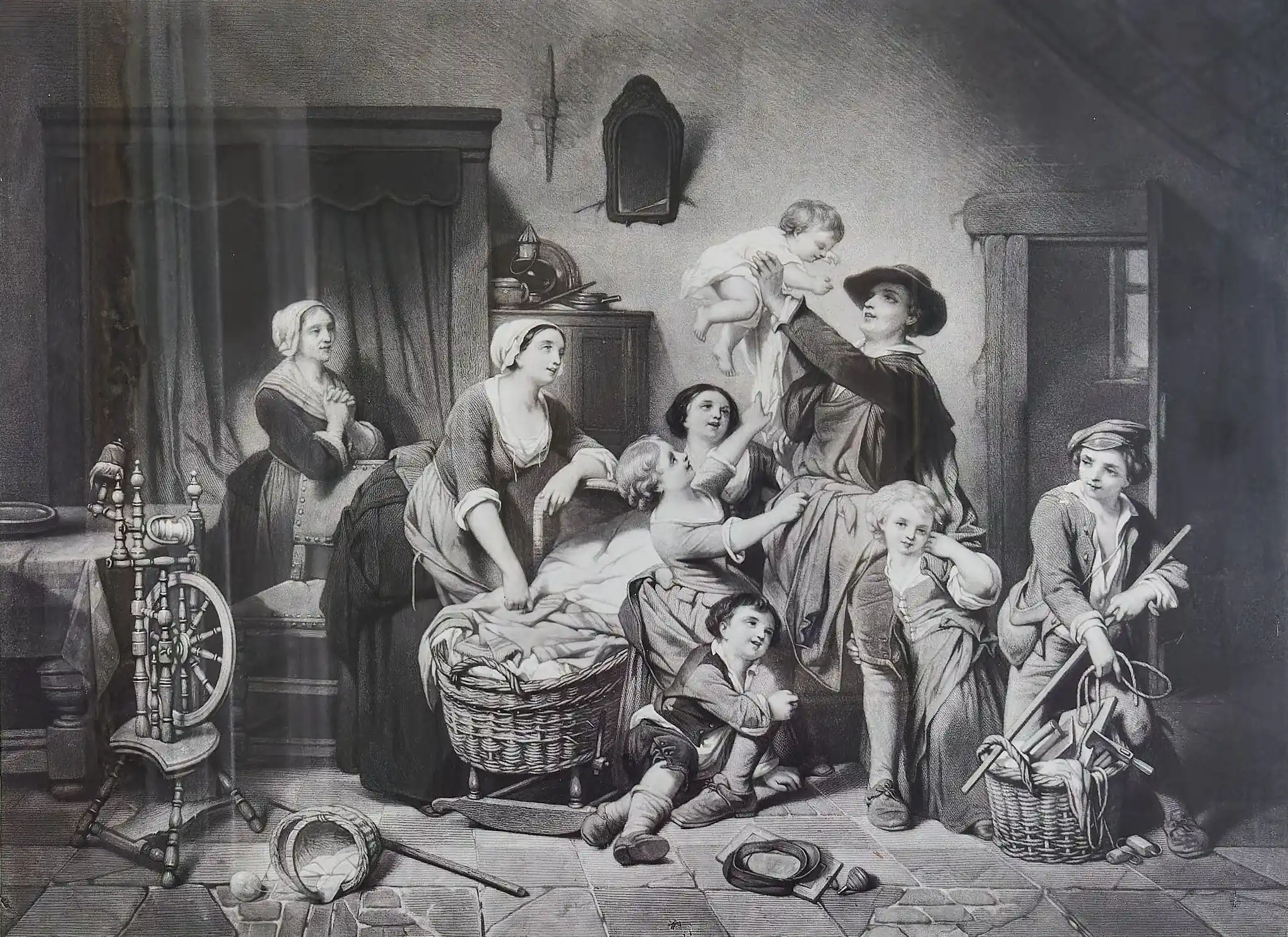 Mědirytina domácí štěstí signovaná