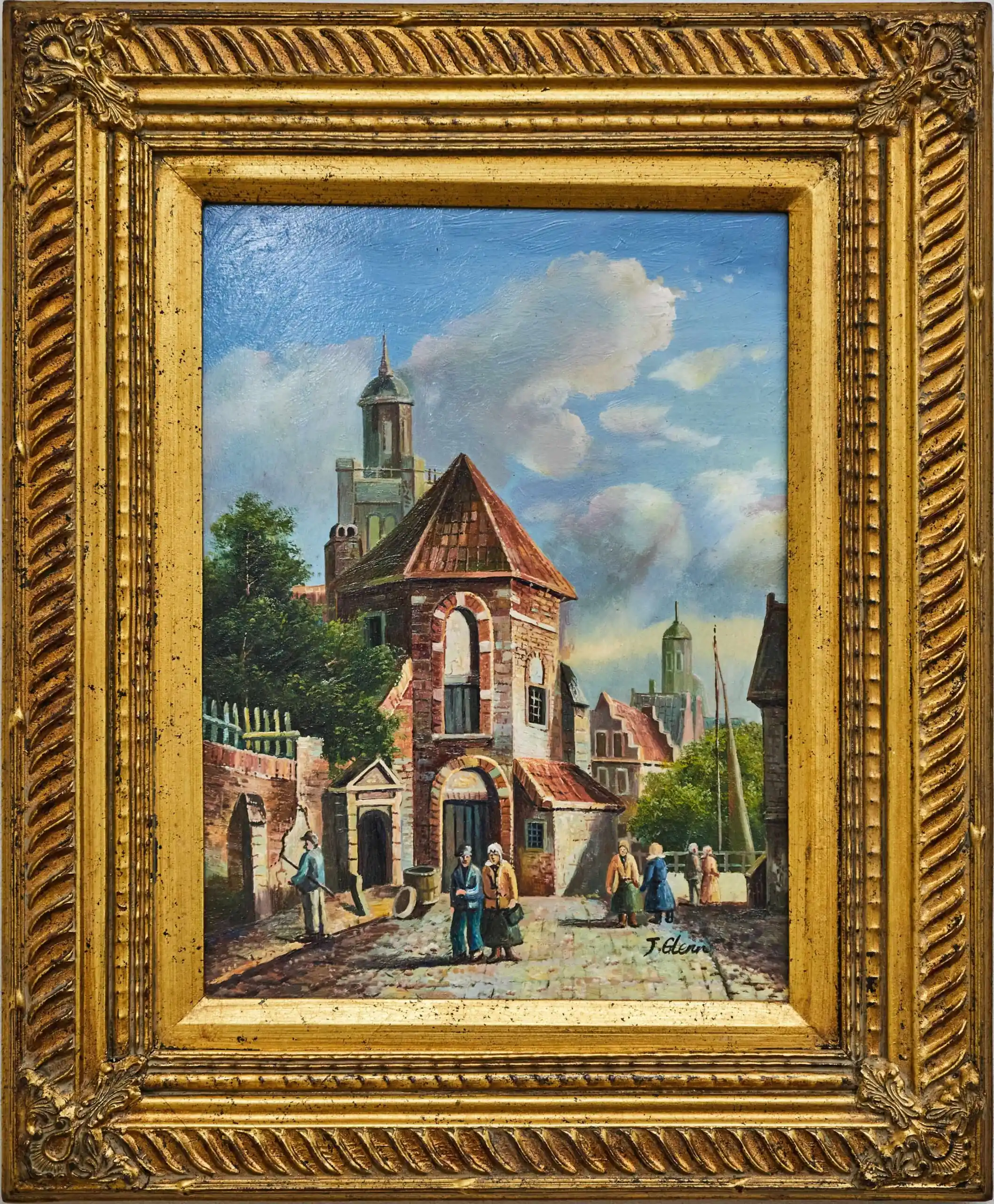 Romantická historická ulička – olejomalba na dřevěné desce, signováno J. Glenn