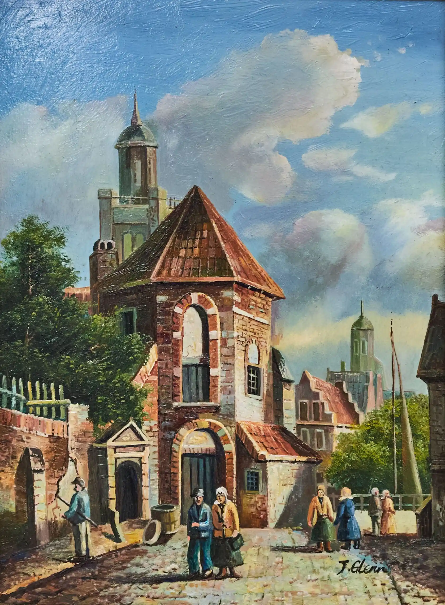 Romantická historická ulička – olejomalba na dřevěné desce, signováno J. Glenn