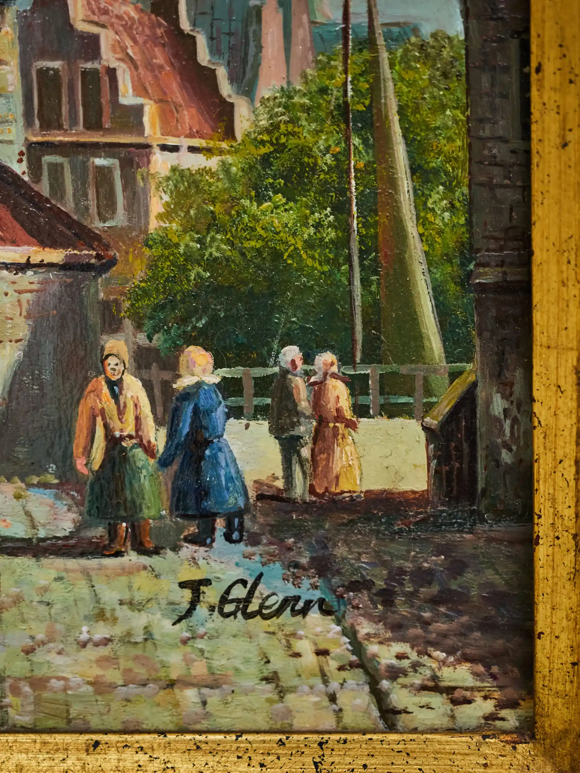Romantická historická ulička – olejomalba na dřevěné desce, signováno J. Glenn