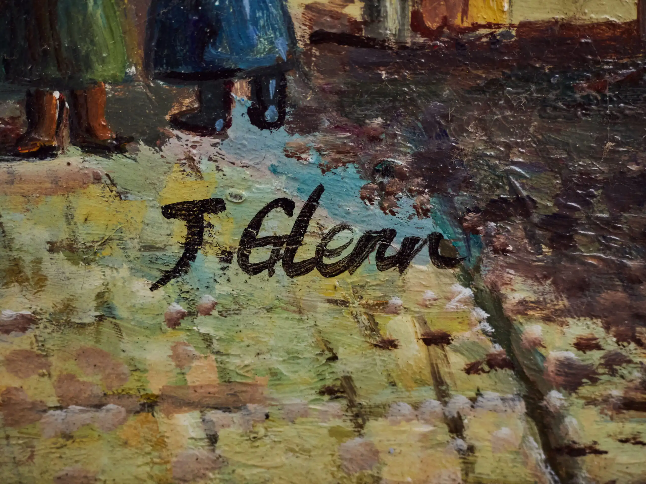 Romantická historická ulička – olejomalba na dřevěné desce, signováno J. Glenn