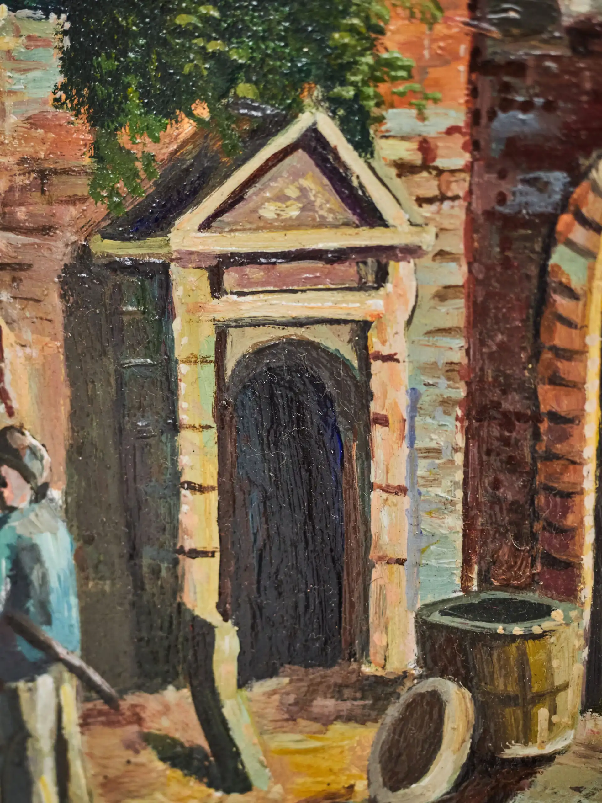 Romantická historická ulička – olejomalba na dřevěné desce, signováno J. Glenn