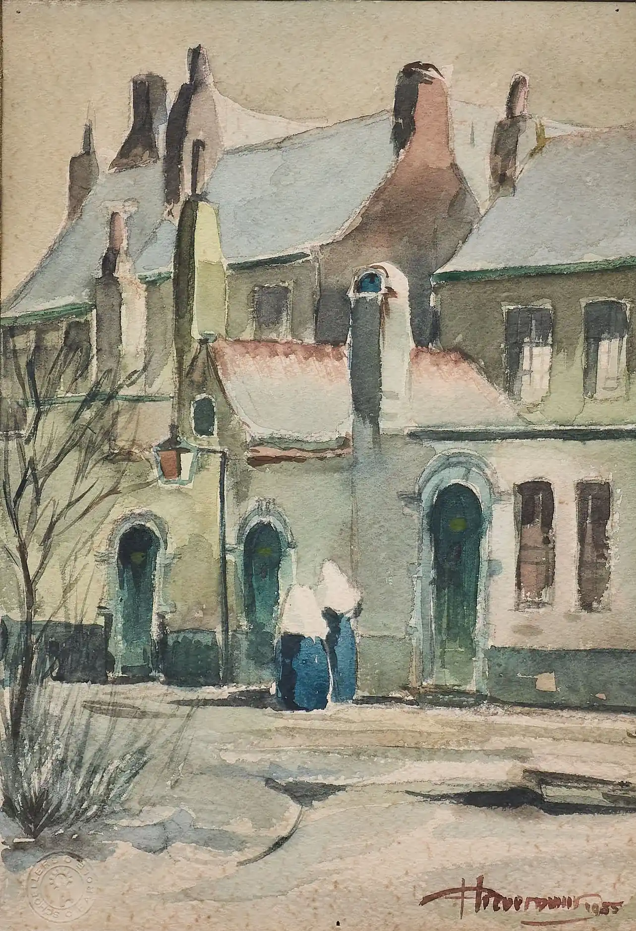 Jeptišky před klášterem akvarel 49 X 36 cm
