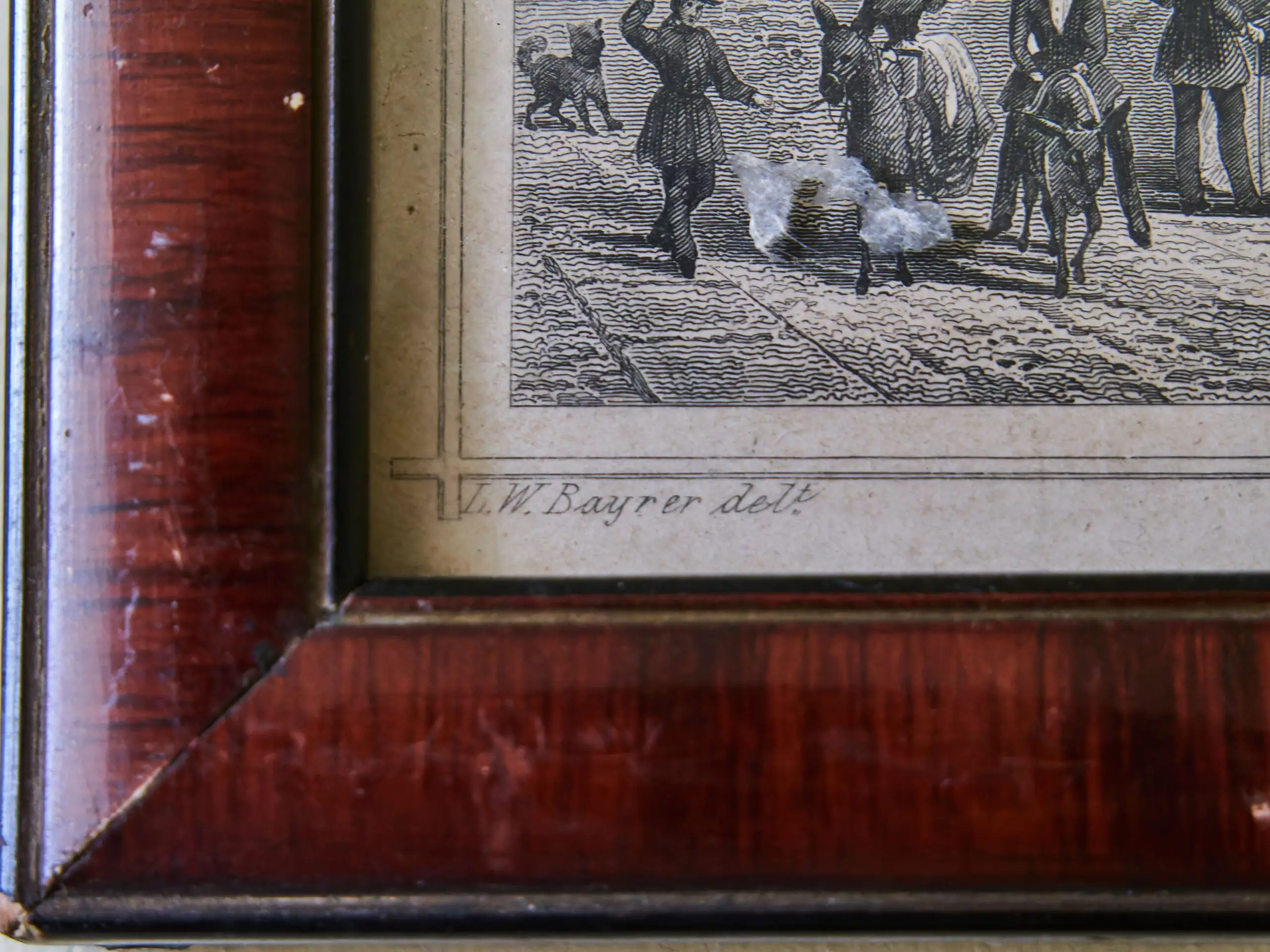 Sada 3 starých grafik v mahagonových rámech (19. století)