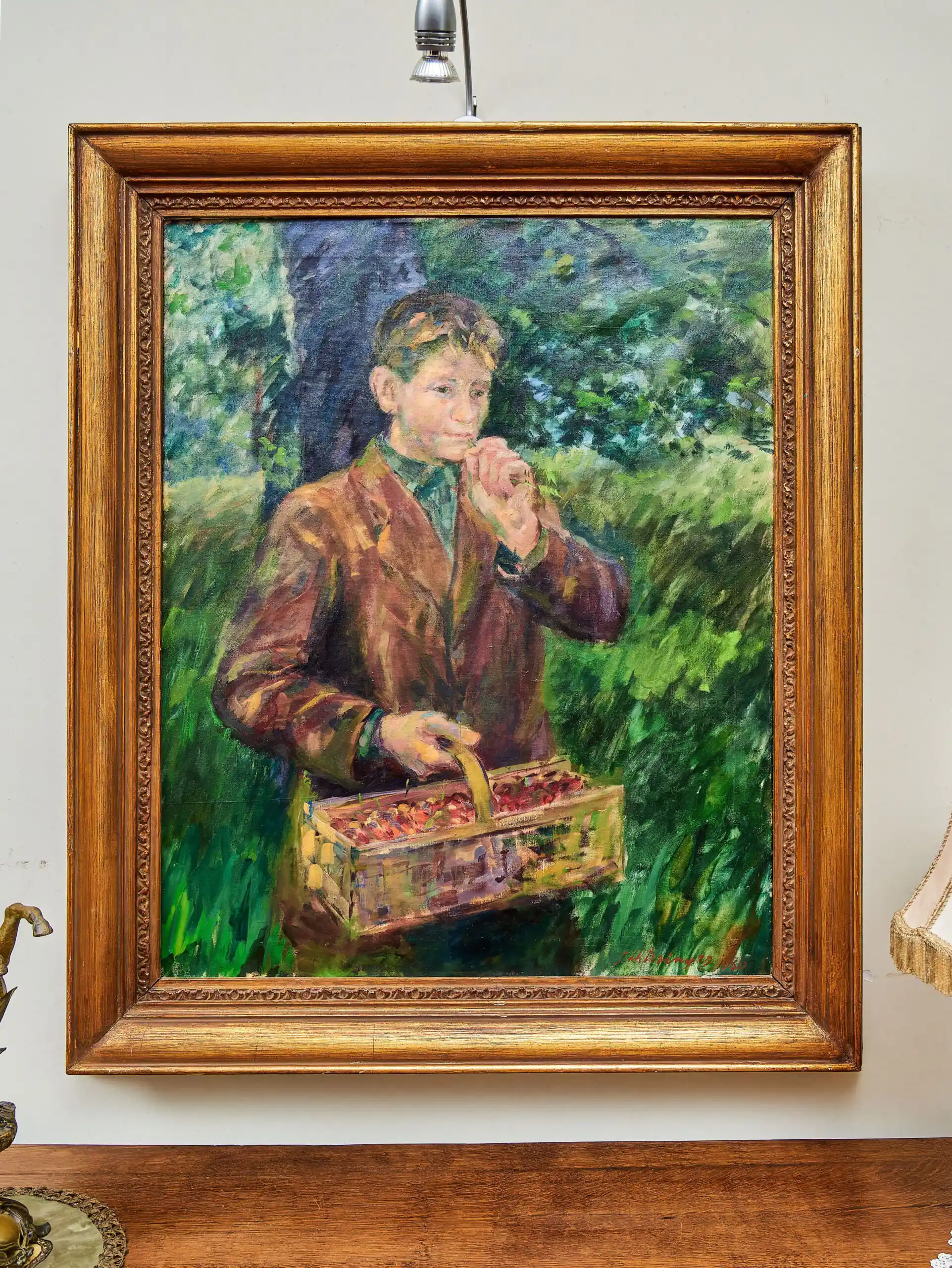 Chlapec s košíkem třešní – olejomalba, signováno a datováno 1960