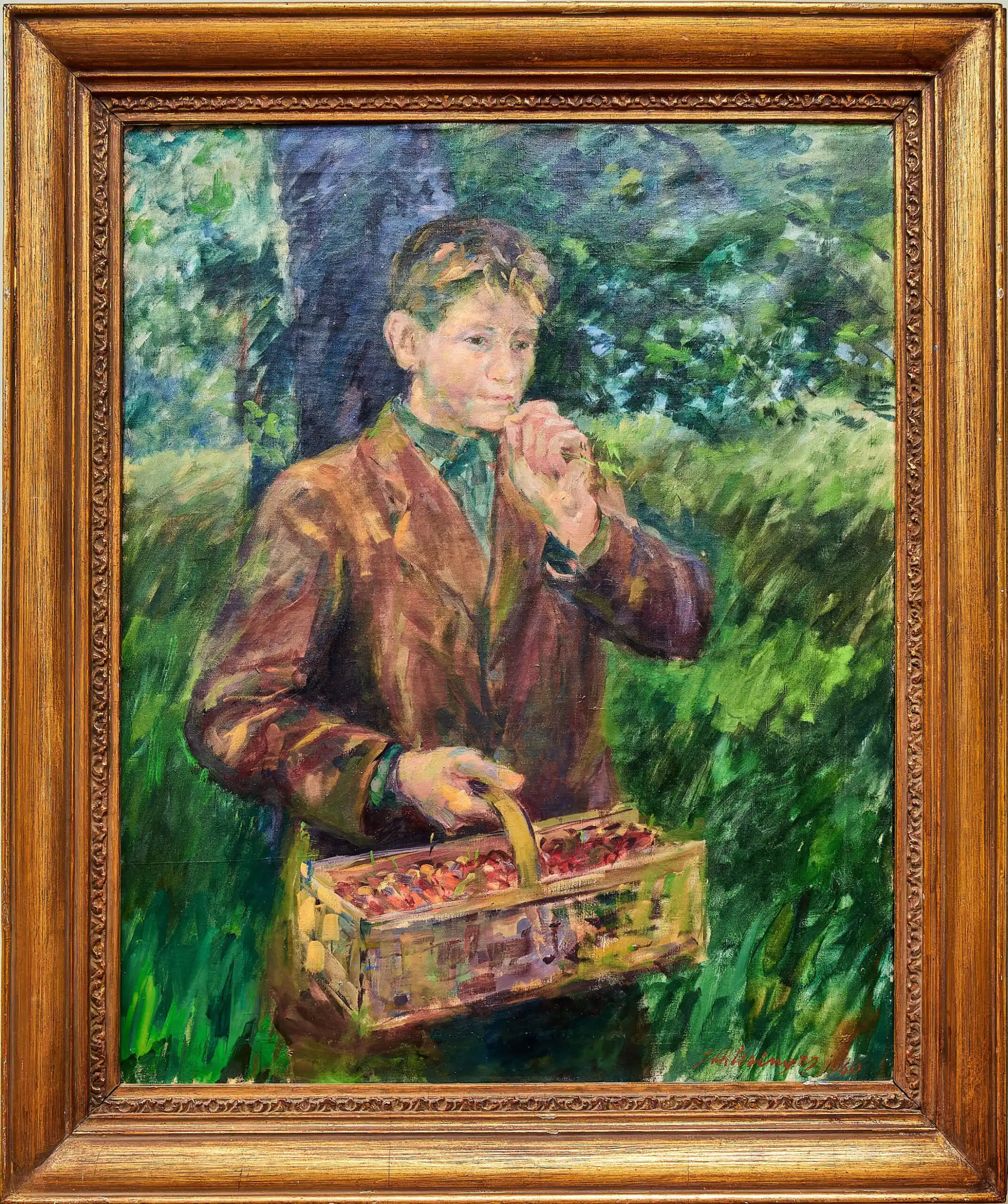 Chlapec s košíkem třešní – olejomalba, signováno a datováno 1960