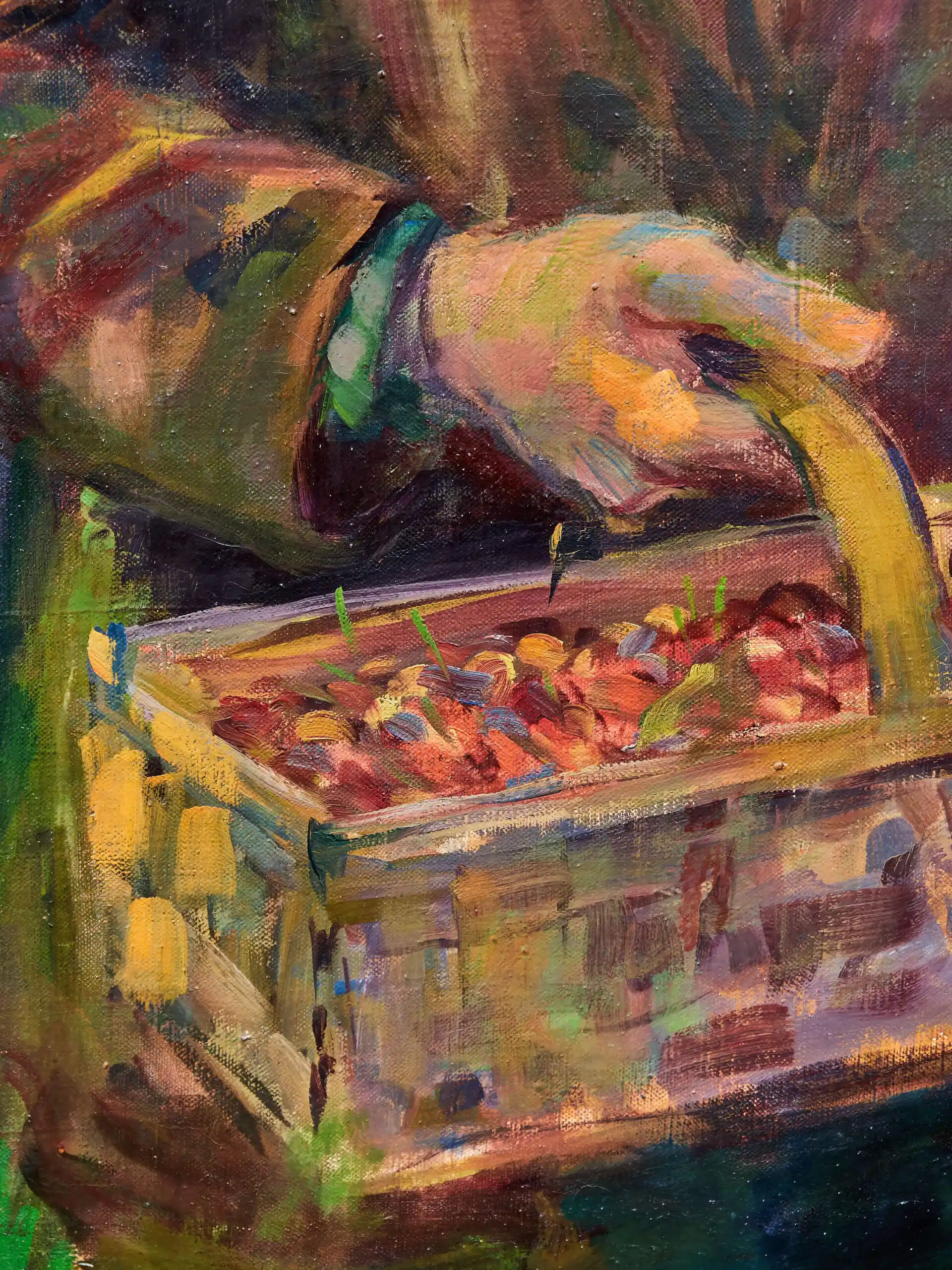 Chlapec s košíkem třešní – olejomalba, signováno a datováno 1960