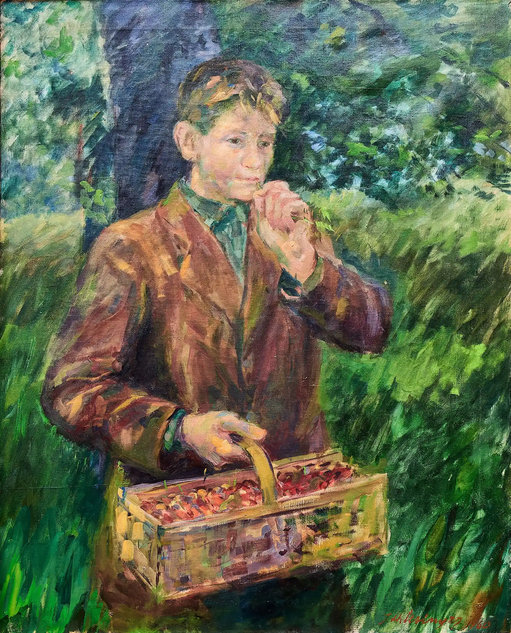Chlapec s košíkem třešní – olejomalba, signováno a datováno 1960