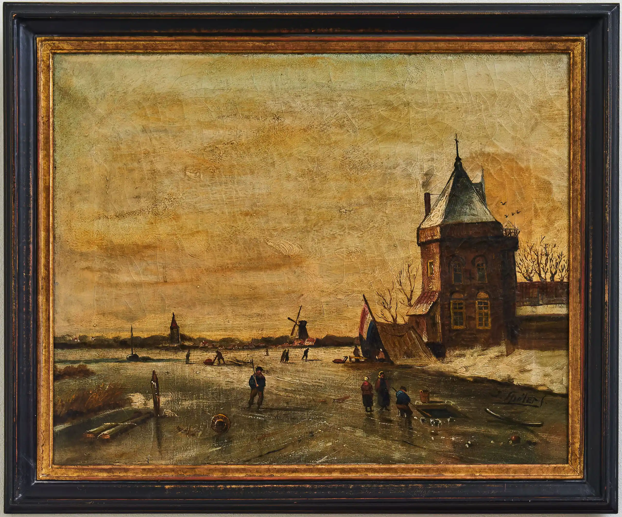 Zimní krajina s bruslaři – J. Spolet (1854–1912), olej na plátně