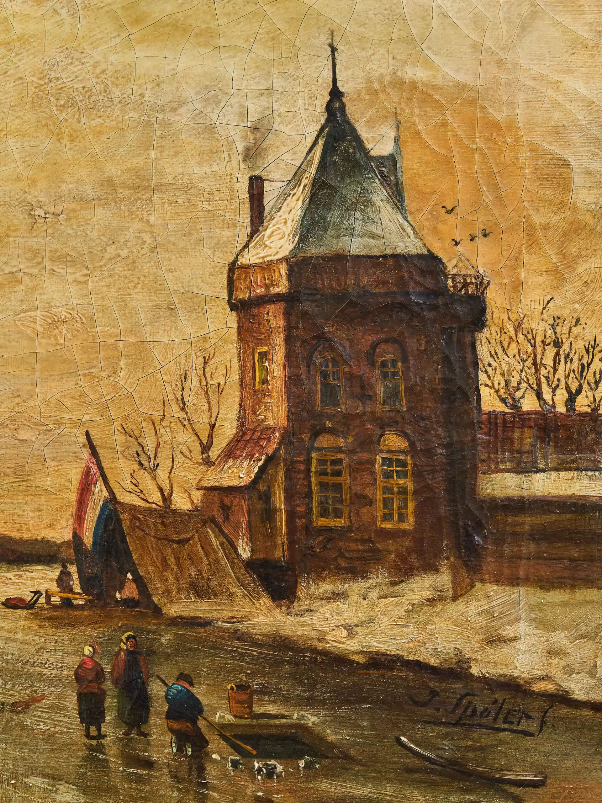Zimní krajina s bruslaři – J. Spolet (1854–1912), olej na plátně