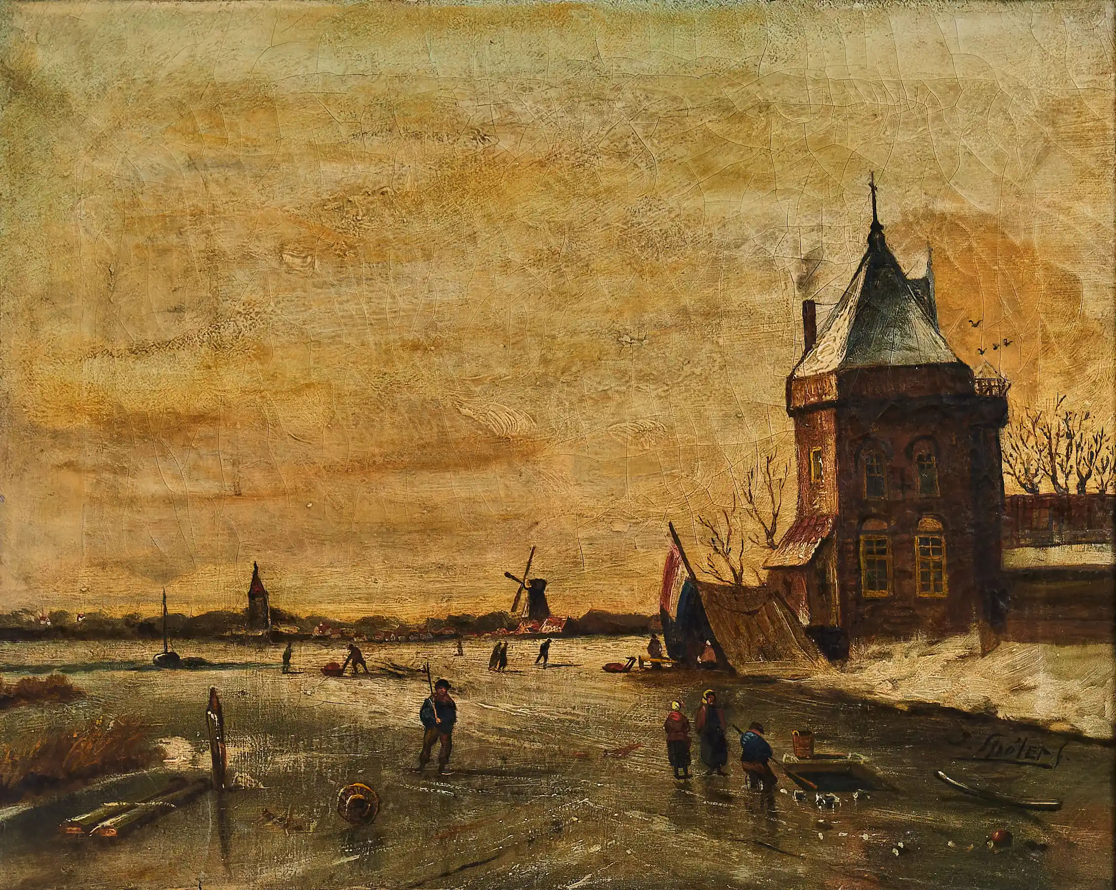 Zimní krajina s bruslaři – J. Spolet (1854–1912), olej na plátně