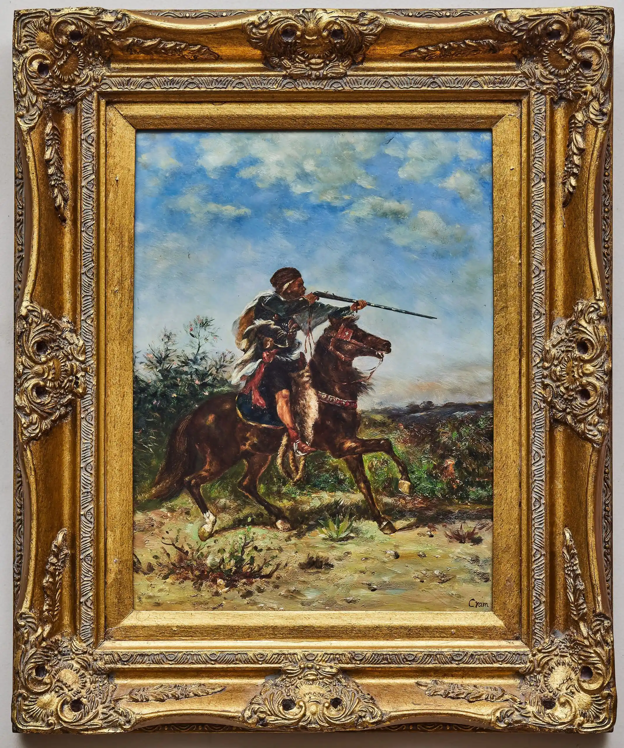 Olejomalba – jezdec s puškou, signováno Cram