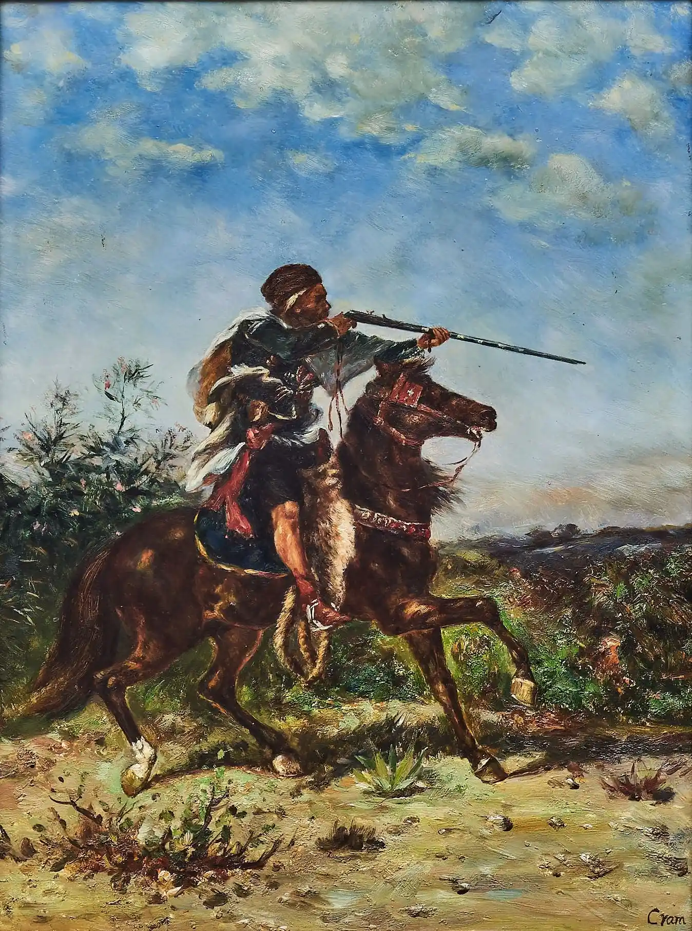 Olejomalba – jezdec s puškou, signováno Cram