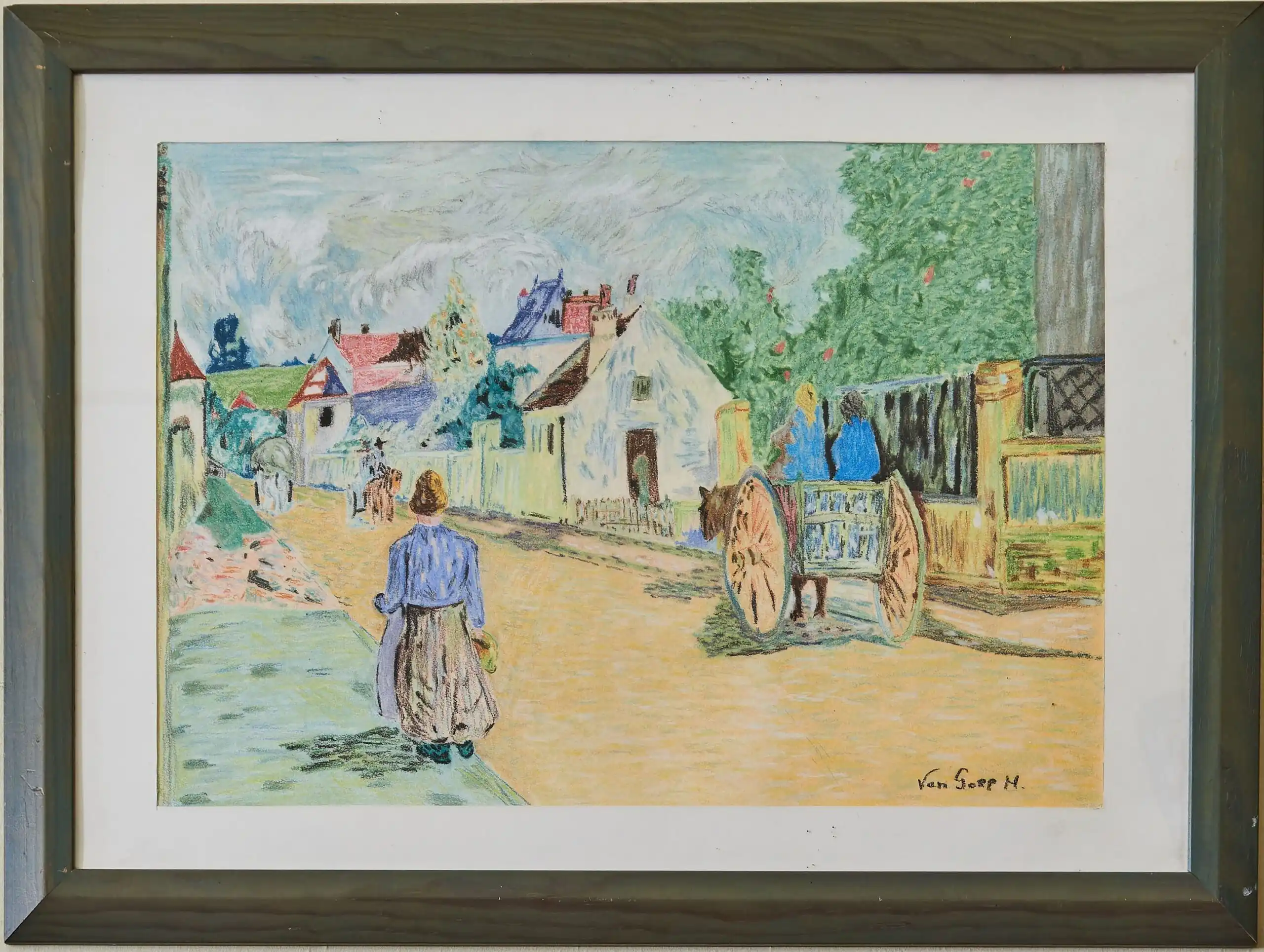 Barevná kresba – venkovská ulice s postavami a vozem, Van Gorp M.