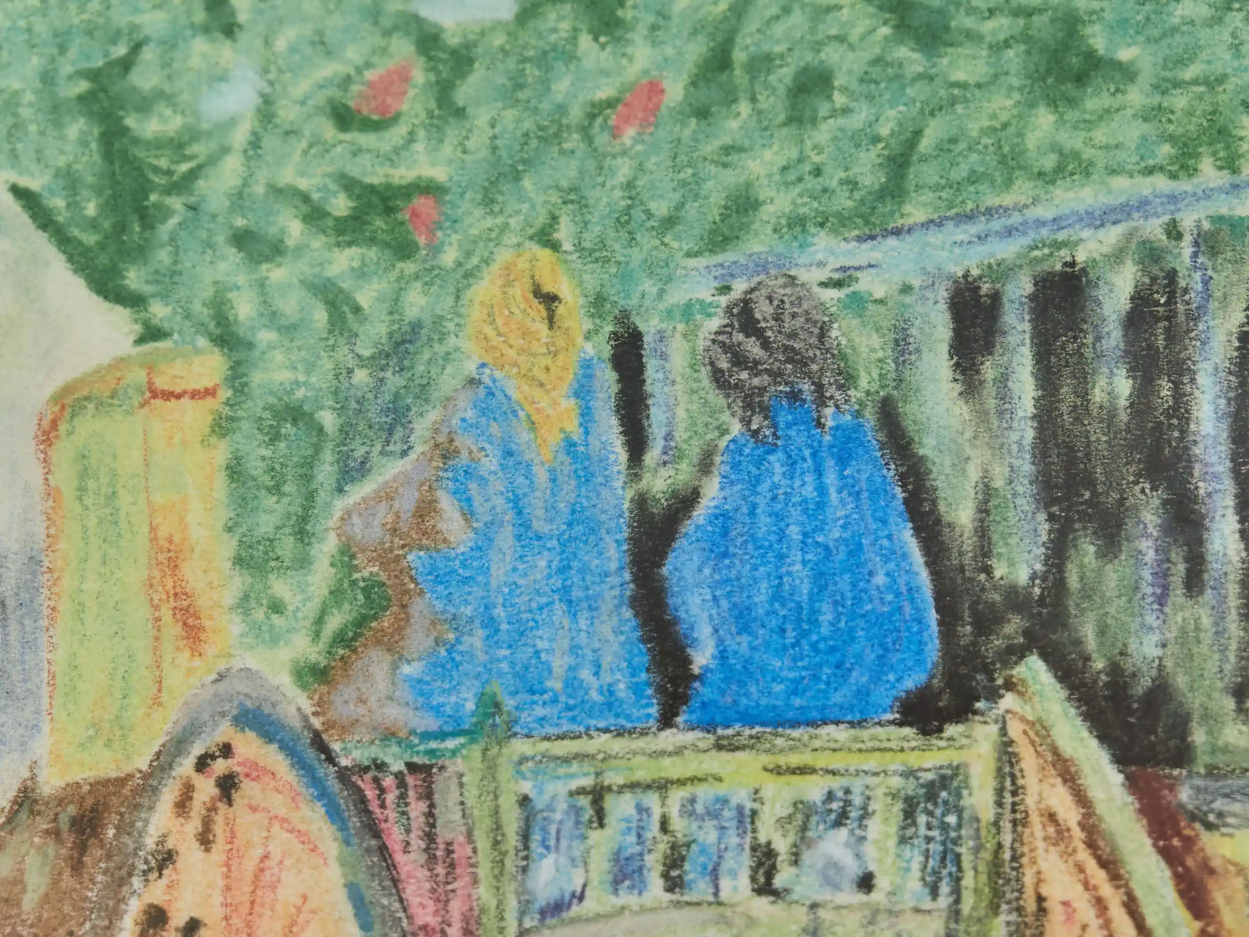 Barevná kresba – venkovská ulice s postavami a vozem, Van Gorp M.