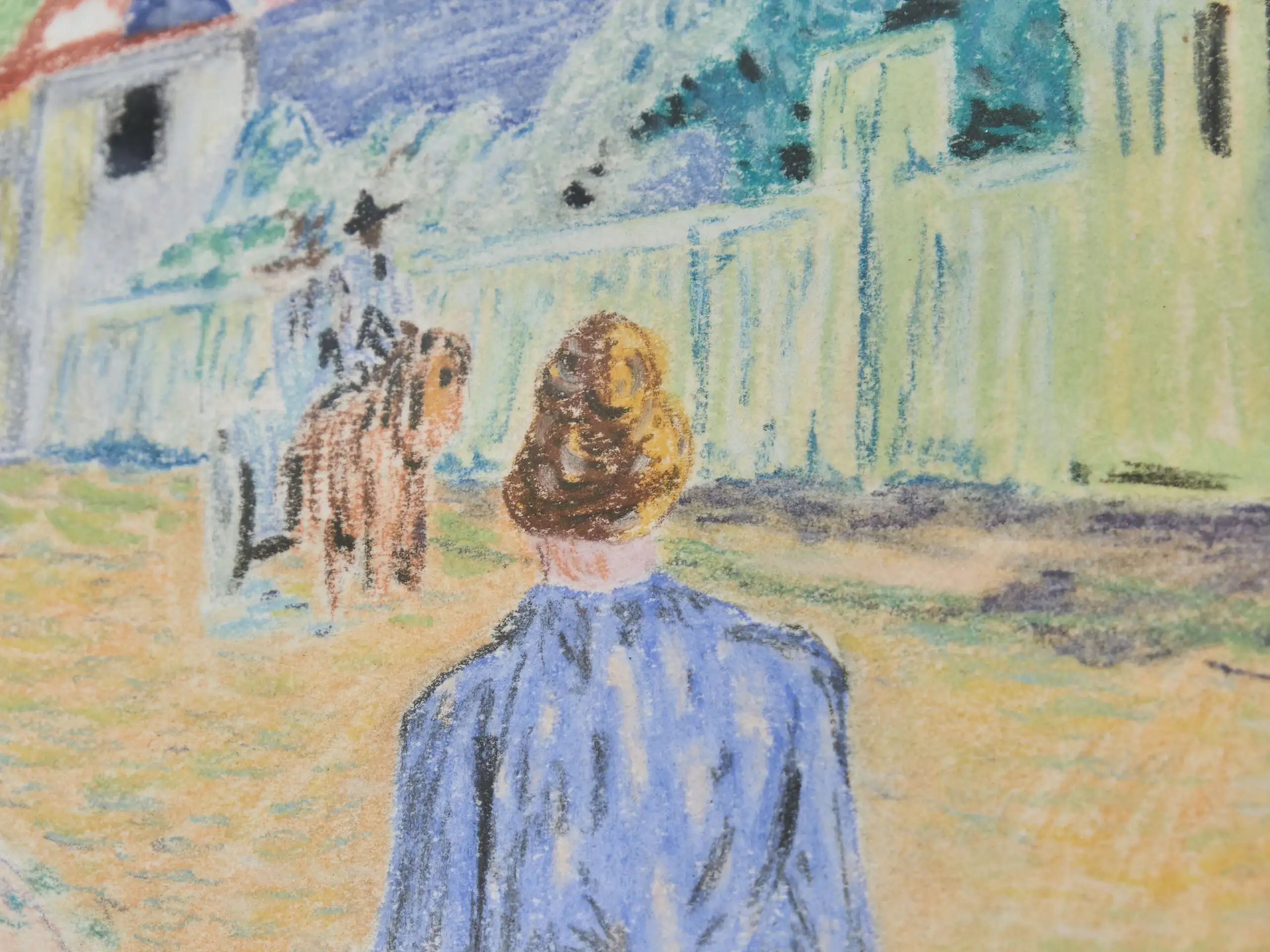 Barevná kresba – venkovská ulice s postavami a vozem, Van Gorp M.