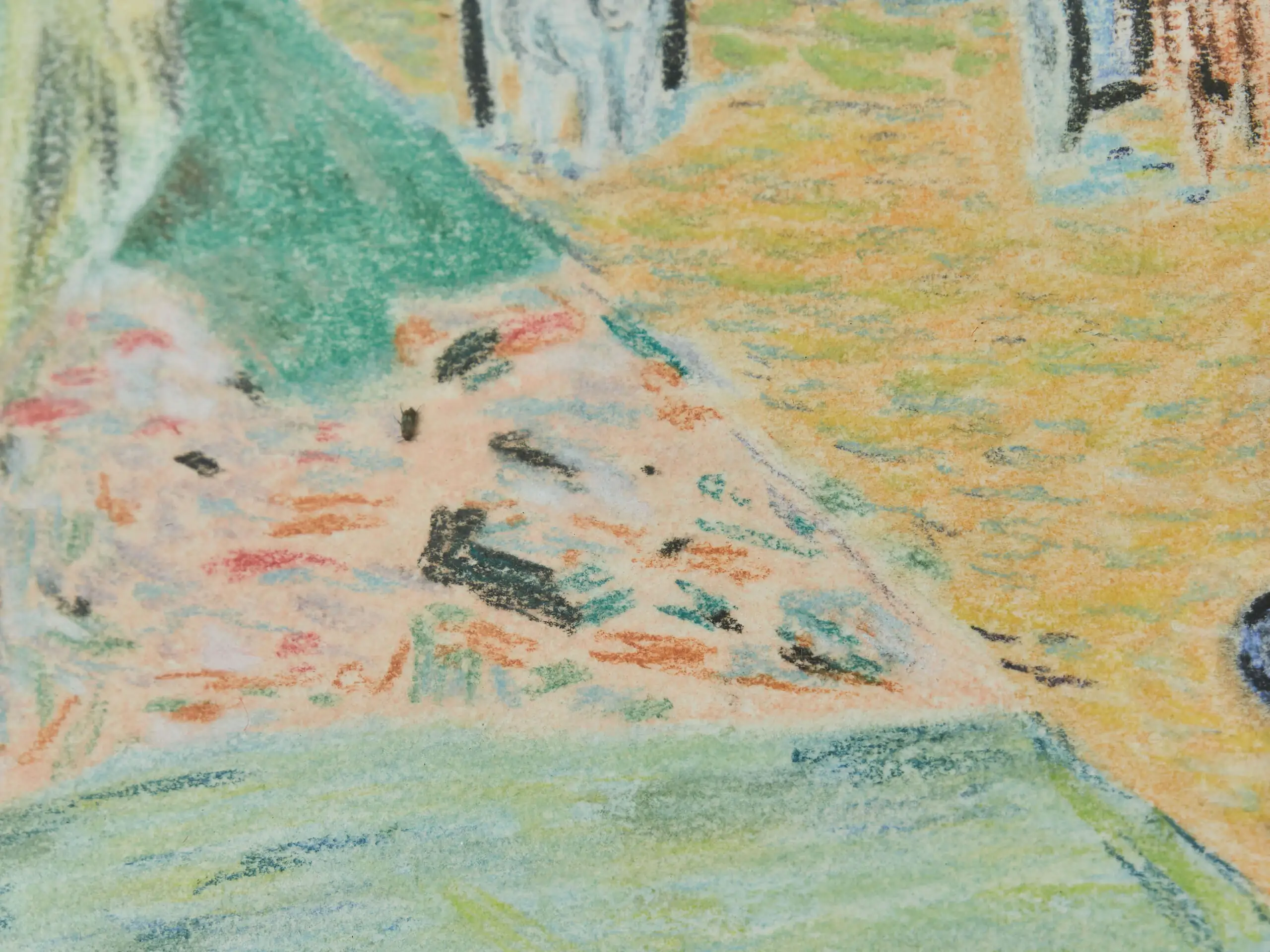 Barevná kresba – venkovská ulice s postavami a vozem, Van Gorp M.