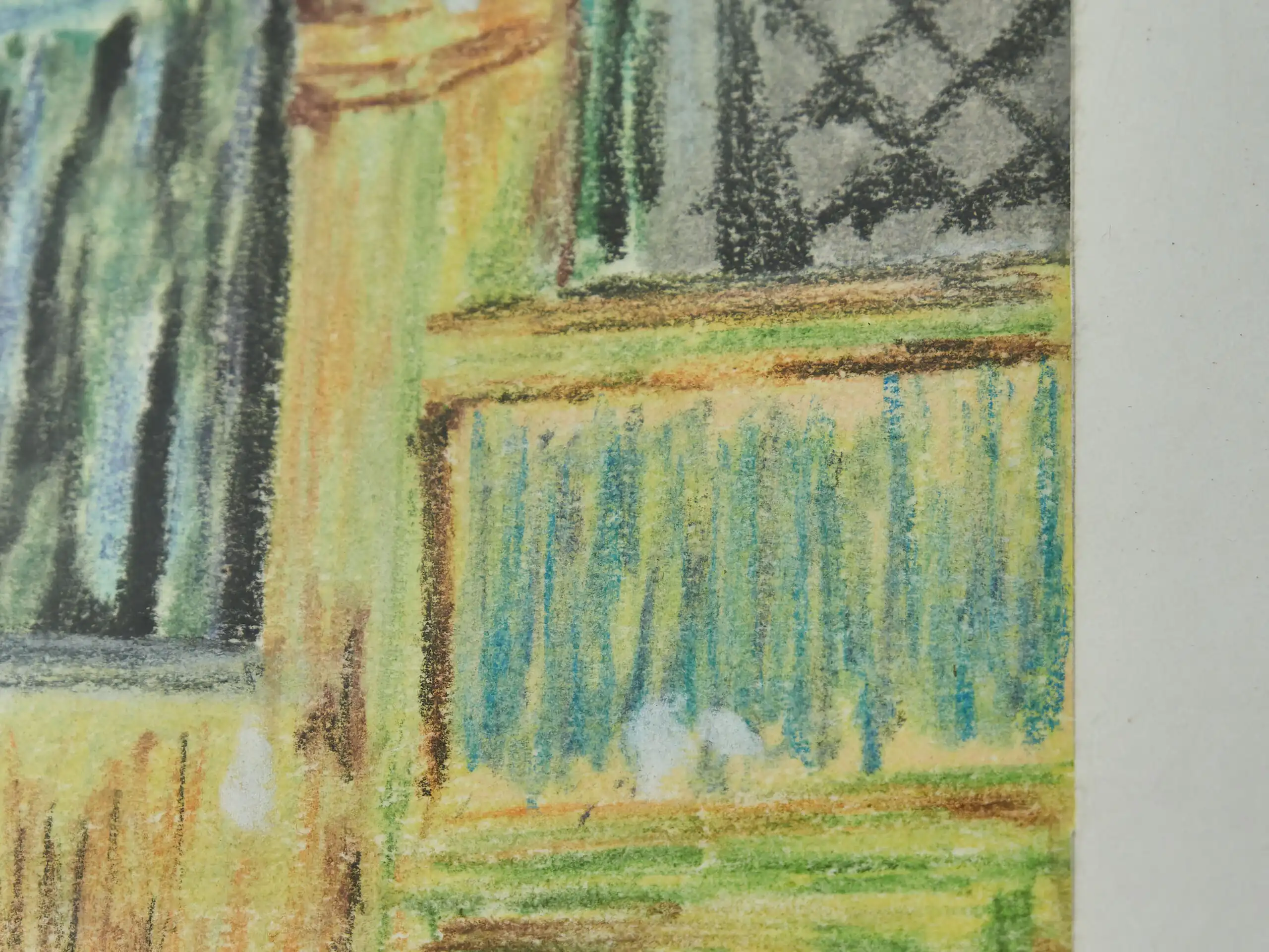 Barevná kresba – venkovská ulice s postavami a vozem, Van Gorp M.