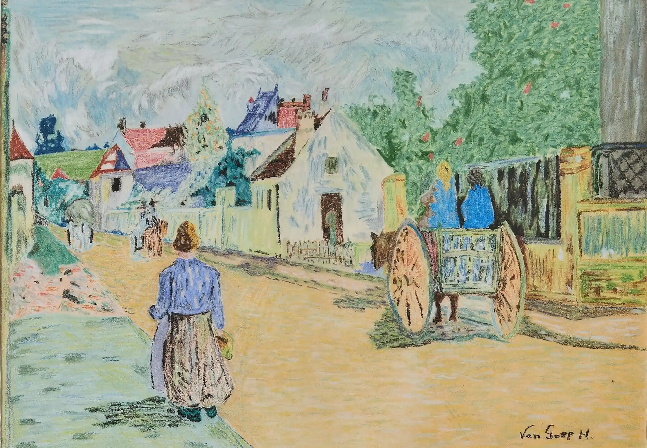 Barevná kresba – venkovská ulice s postavami a vozem, Van Gorp M.