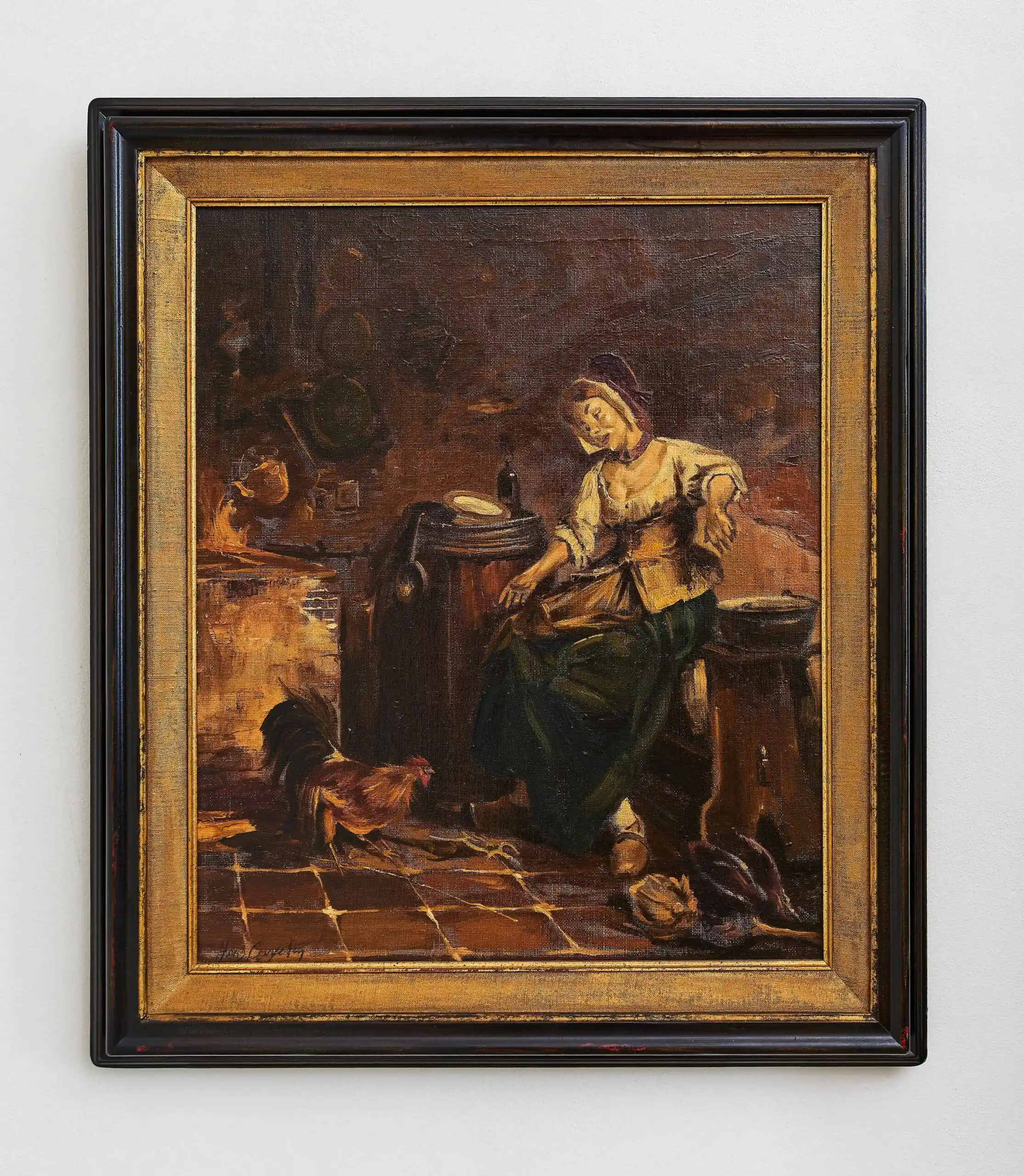 Olejomalba s výjevem z venkovské kuchyně – signováno