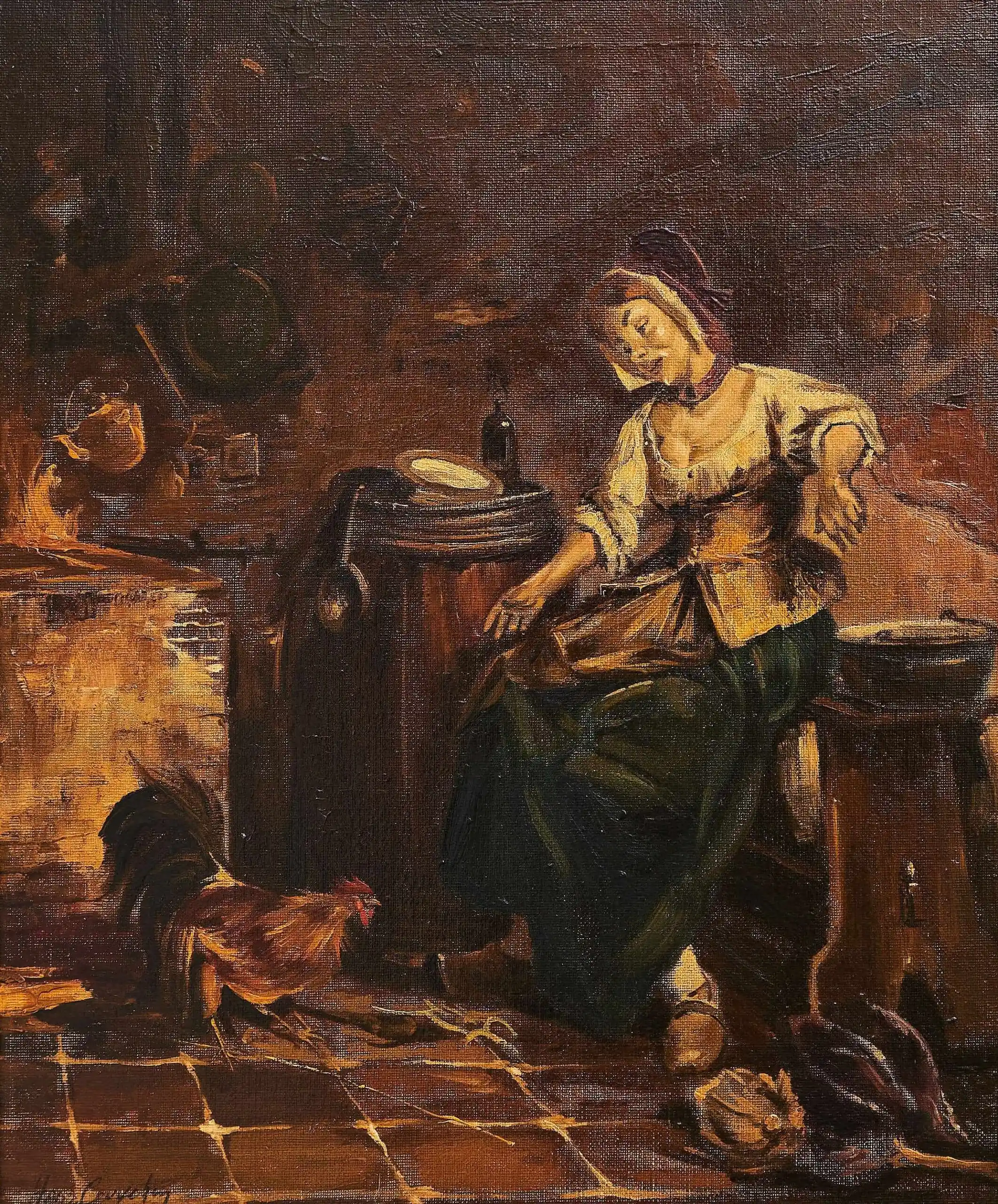 Olejomalba s výjevem z venkovské kuchyně – signováno