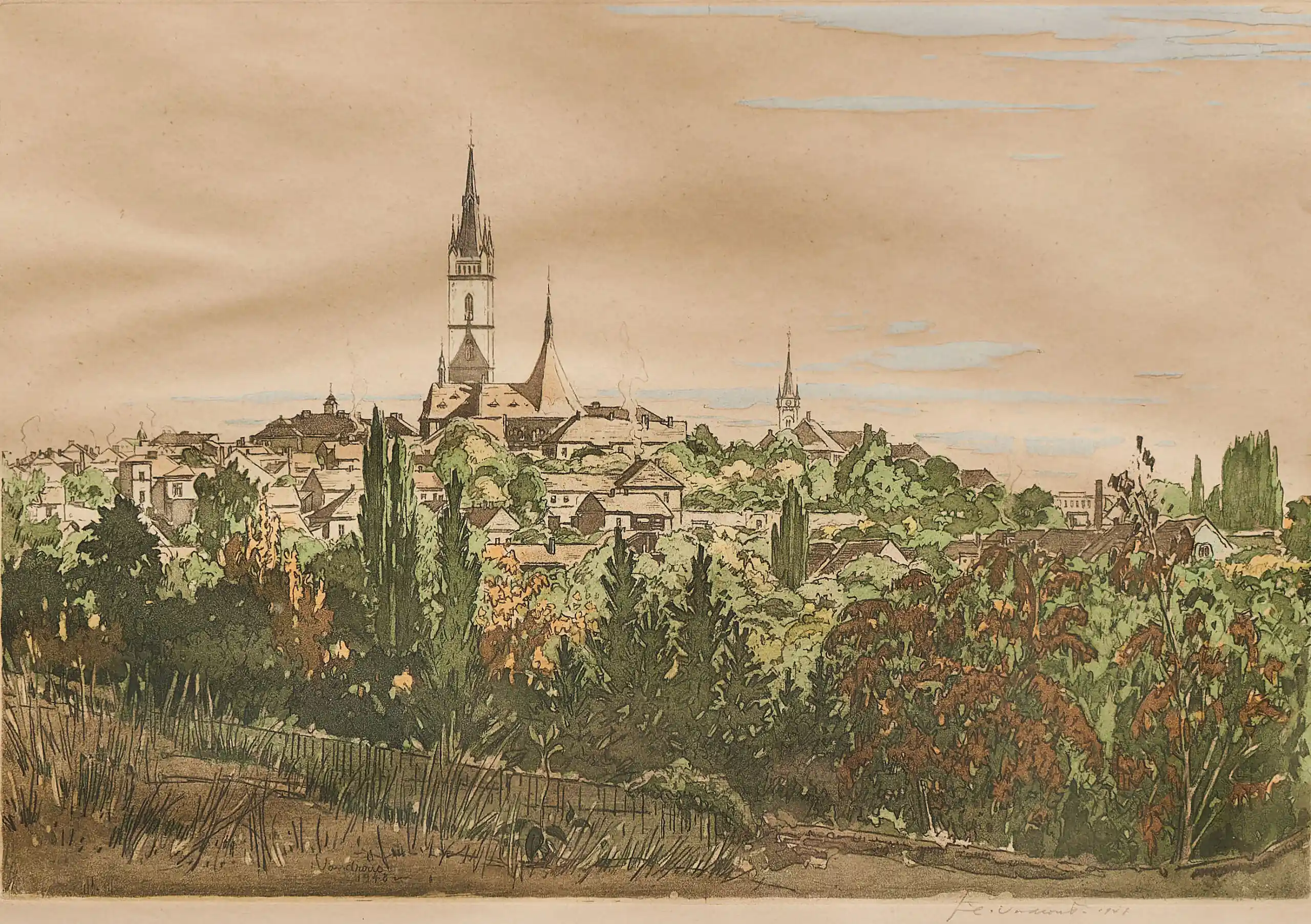 Jan C. Vondrouš (1884–1970): Čáslav, 1948, grafika na papíře