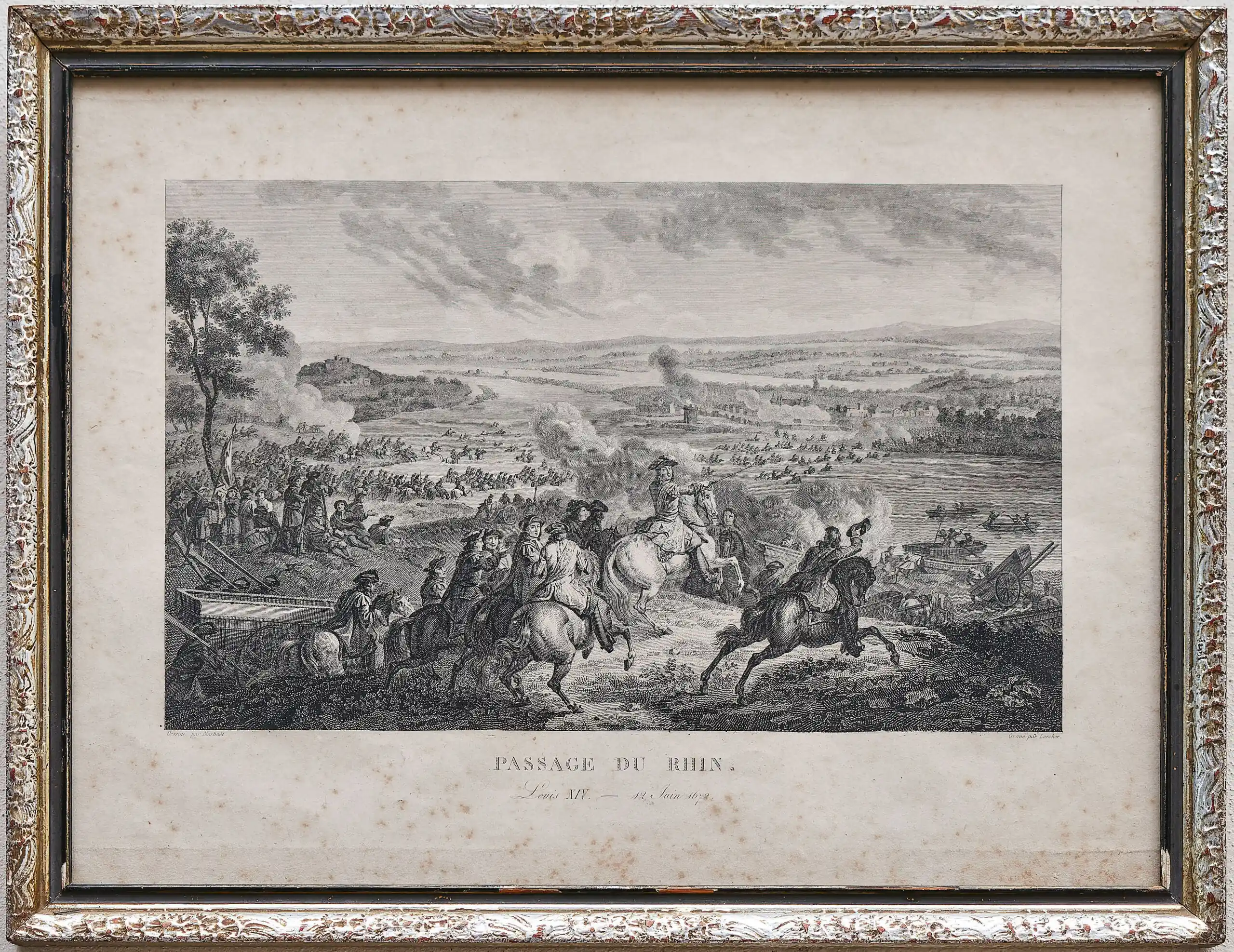 Mědirytina přechod přes Rýn vojska Ludvíka XIV
