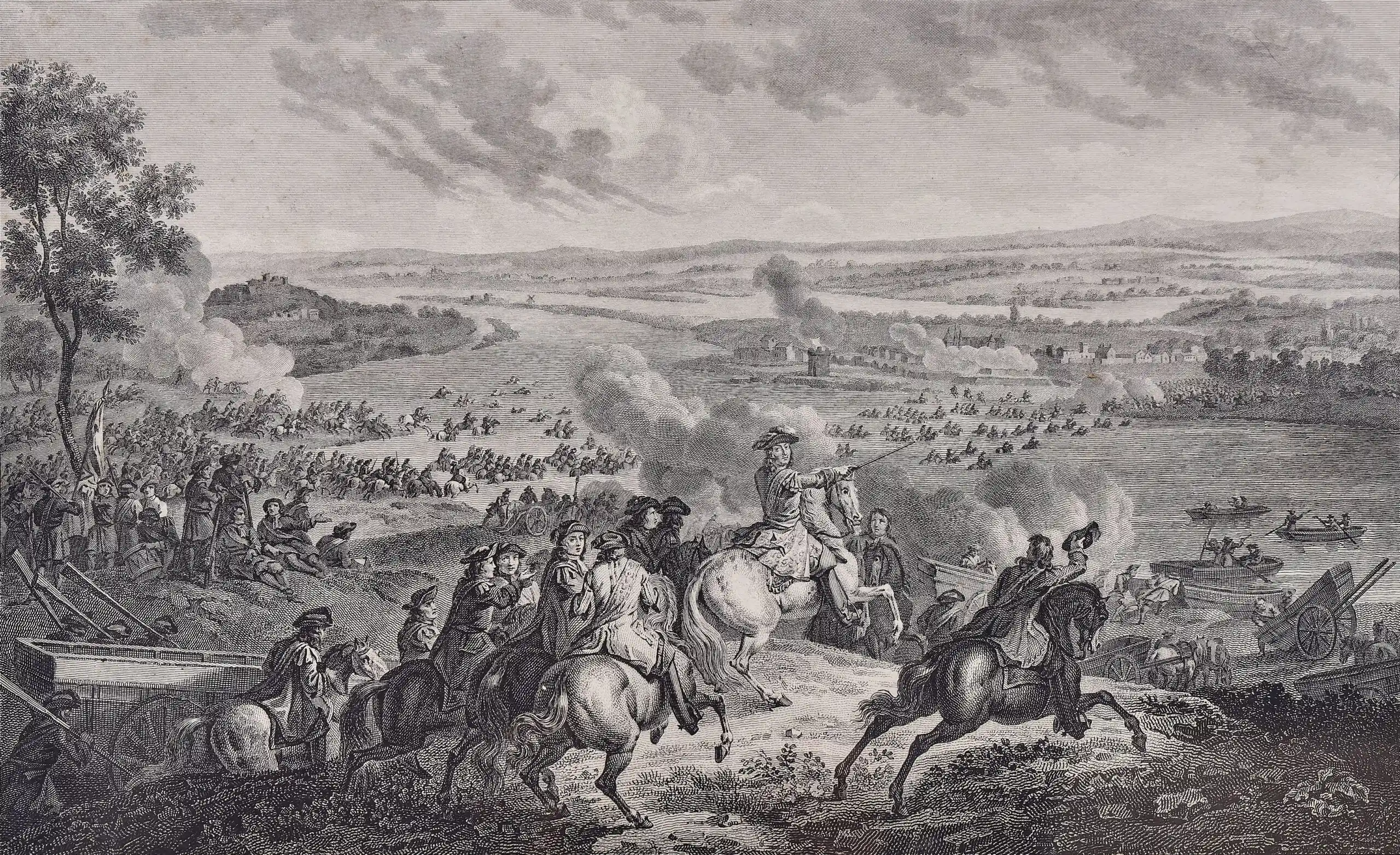 Mědirytina přechod přes Rýn vojska Ludvíka XIV