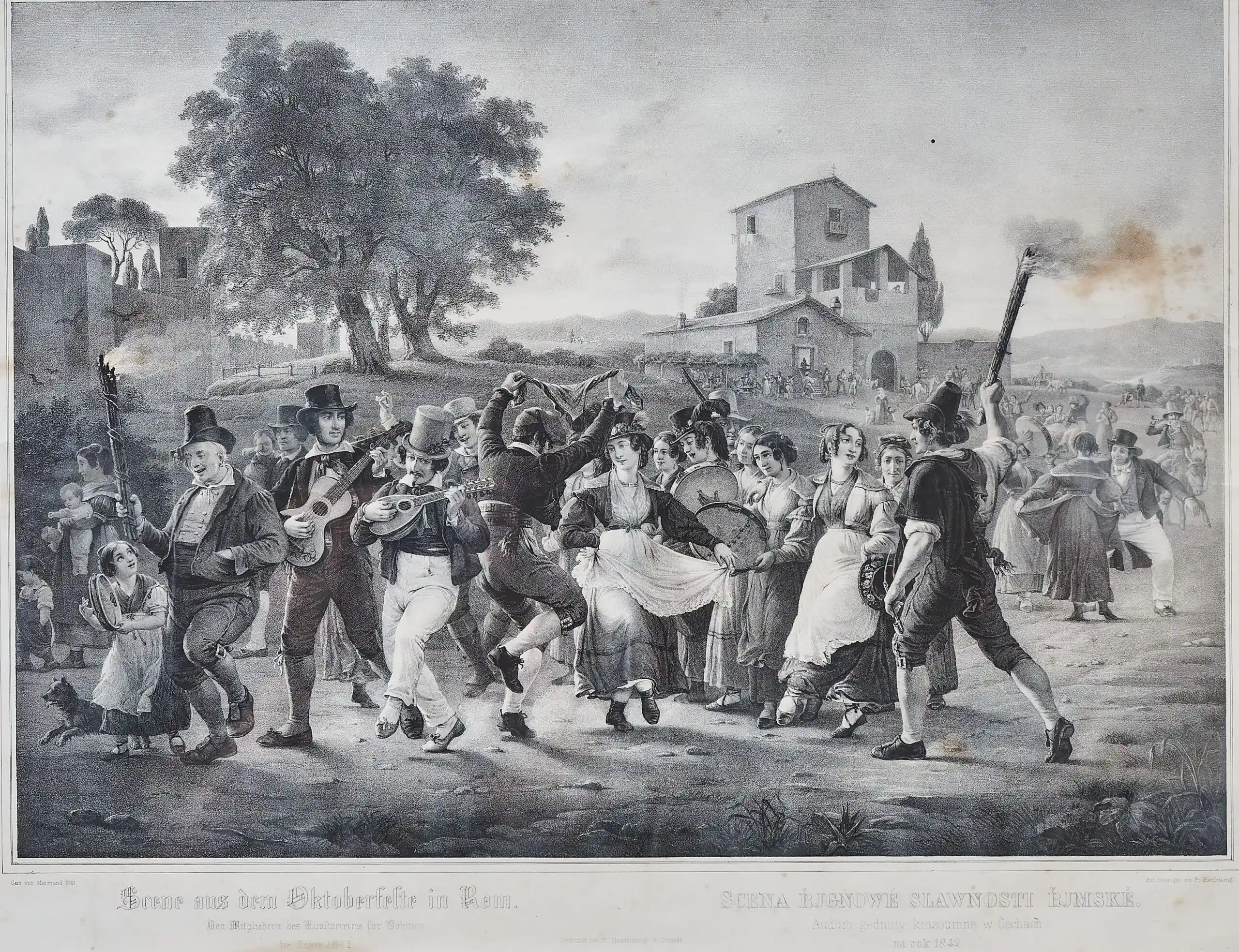 Litografie Scéna říjnové slavnosti římské, Marstrand 1841, Hanfstaengl Dresden