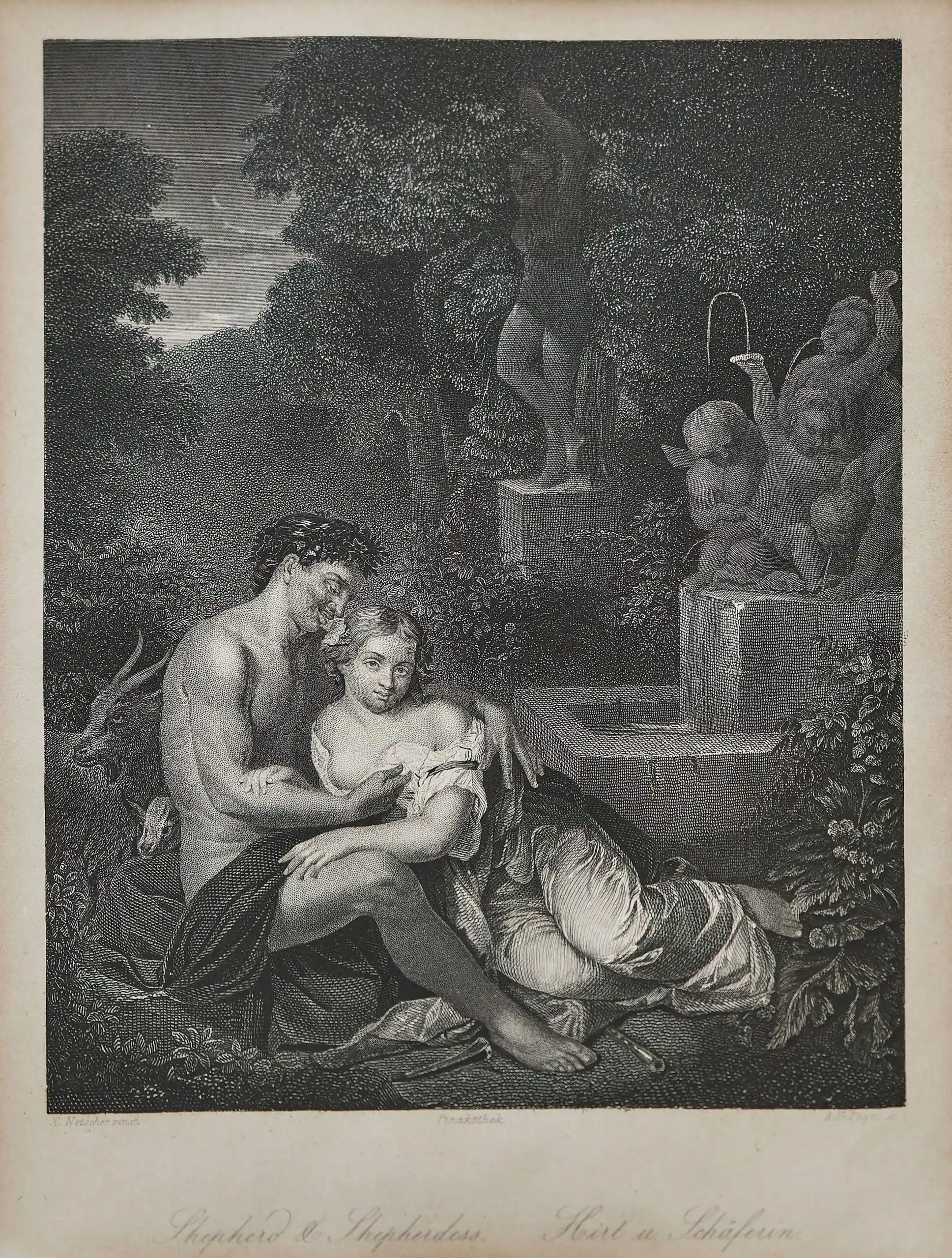 Mědiryt Shepherd & Shepherdess – pastýř a pastýřka podle Eglona van der Neera, 19. století