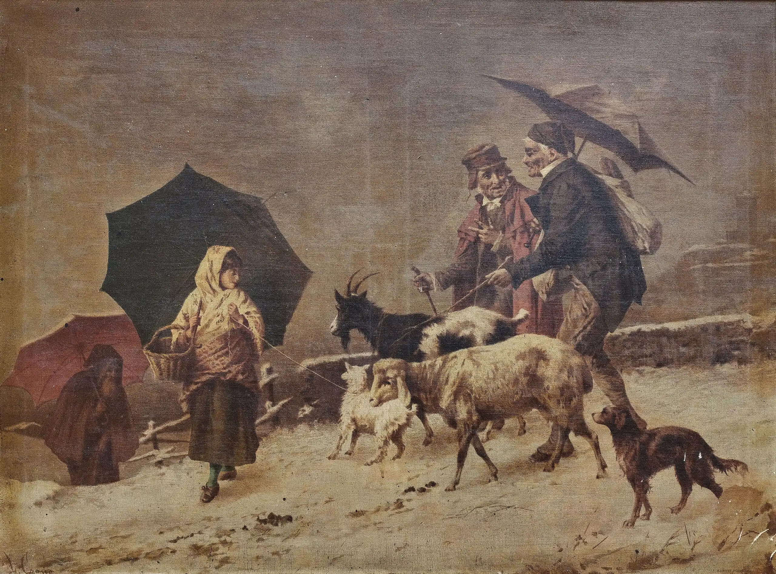 Starožitný tisk na plátně – venkovská zimní scéna s pastevci, kozami a ovcemi ve zlaceném rámu 81 × 103 cm