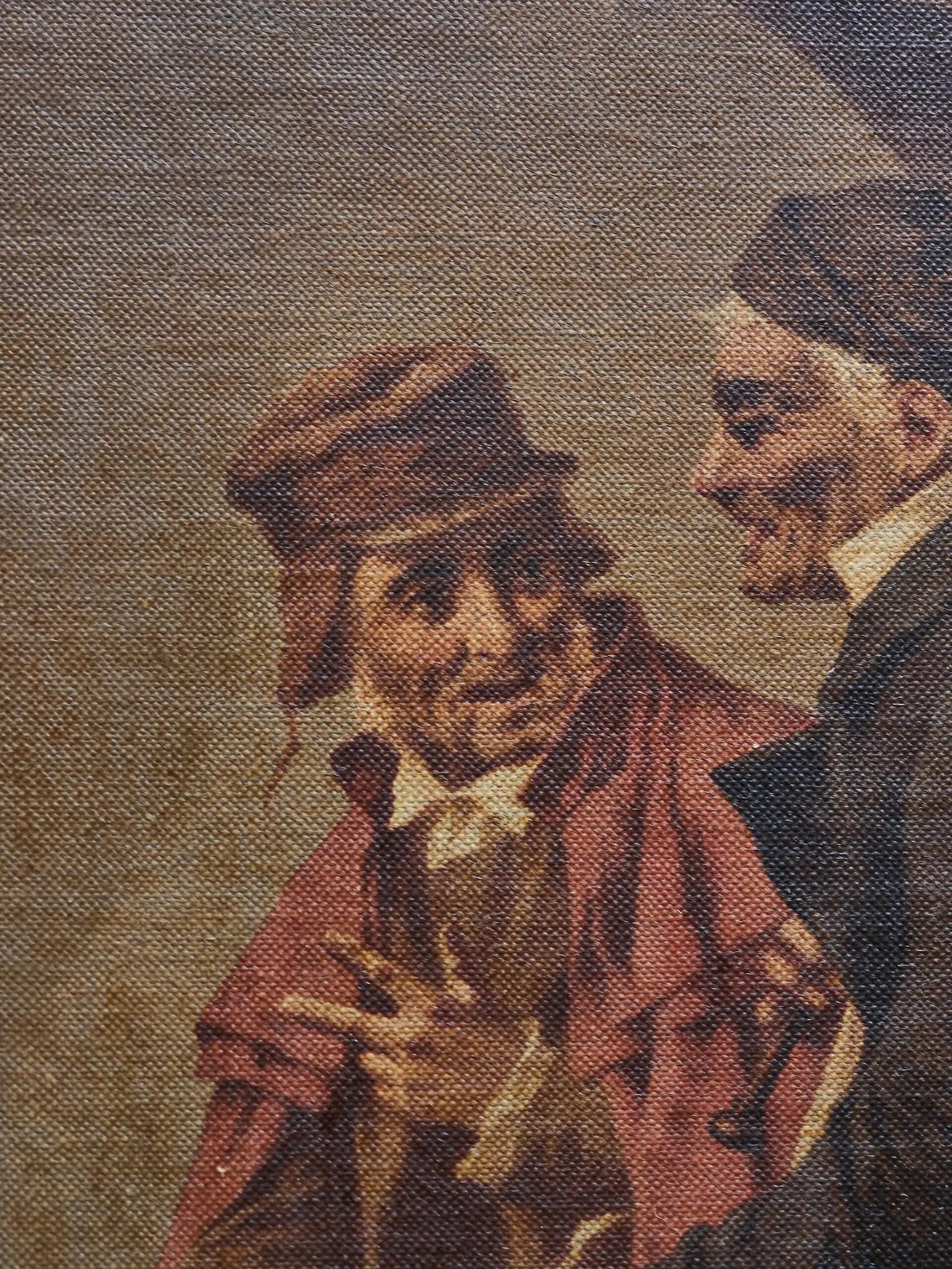 Starožitný tisk na plátně – venkovská zimní scéna s pastevci, kozami a ovcemi ve zlaceném rámu 81 × 103 cm